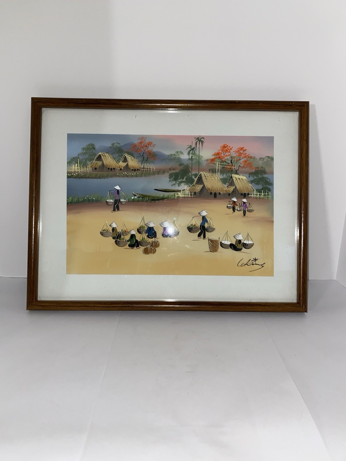 Framed Vietnamese Asian Art Silk Screening Water Colors Signed  “Women Working”
