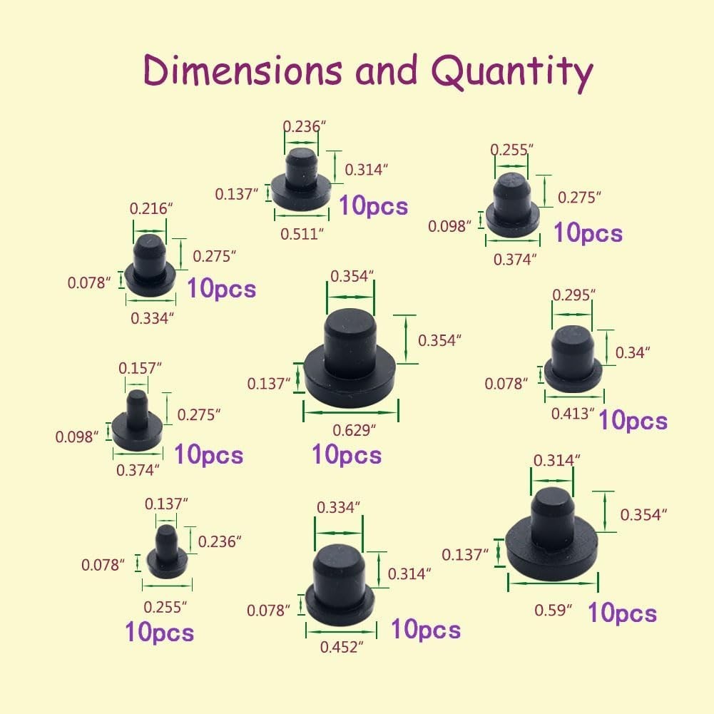 80/100 Pc Silicone Rubber Hole Plugs Set 9 Sizes T-Type Black Silicone Plugs Cap