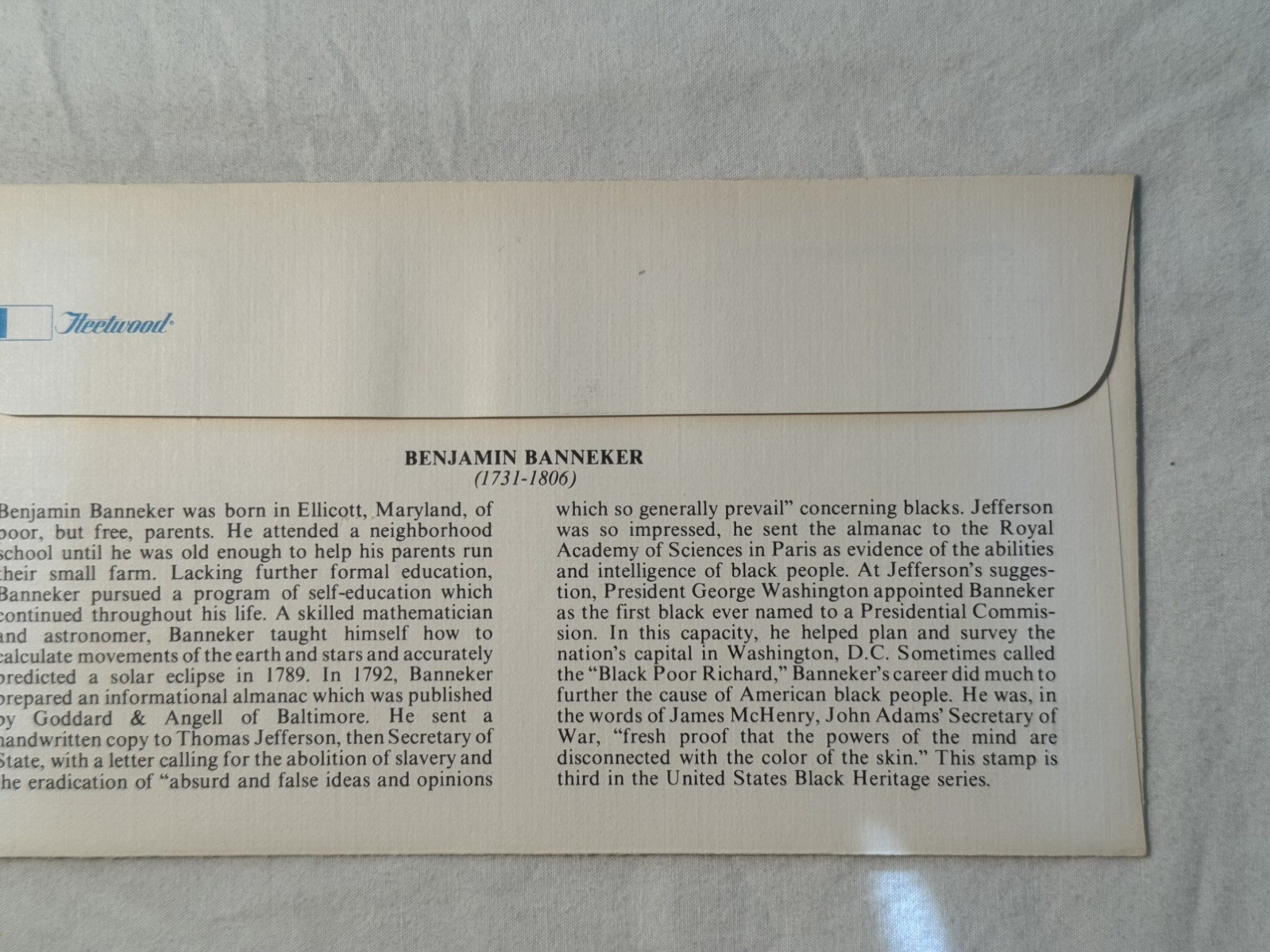 Benjamin Banneker First Day of Issue Cover • Fleetwood • February 15, 1980