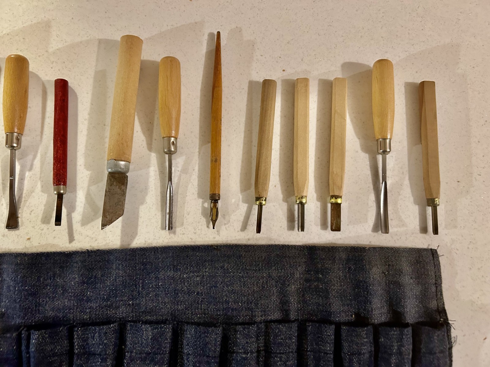 Vintage Doniger Italy Wood Carving Set 16pc Tools Speedball & Denim Roll