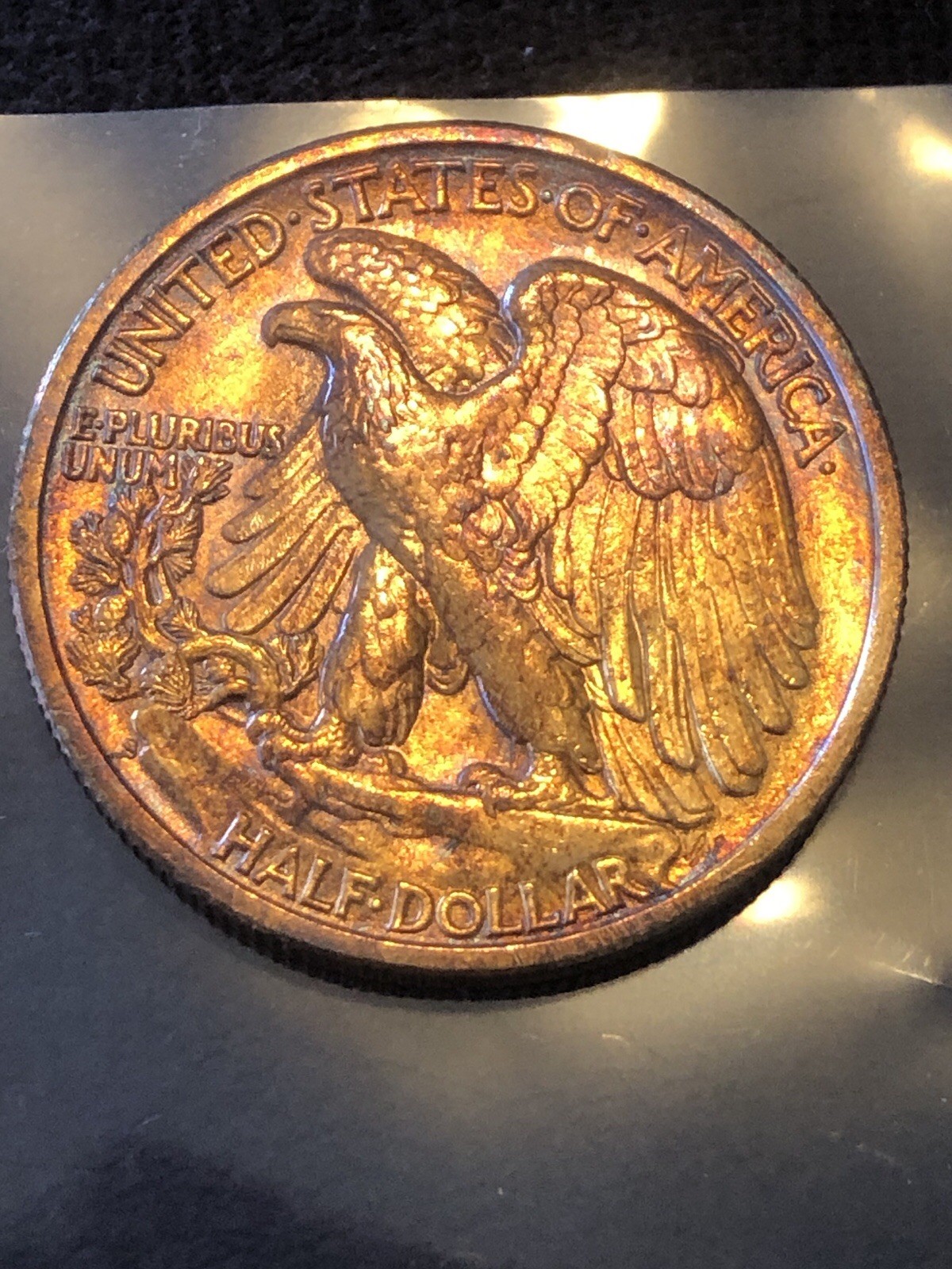 1945 W Walking Liberty Half Dollar Rainbow Toned BU