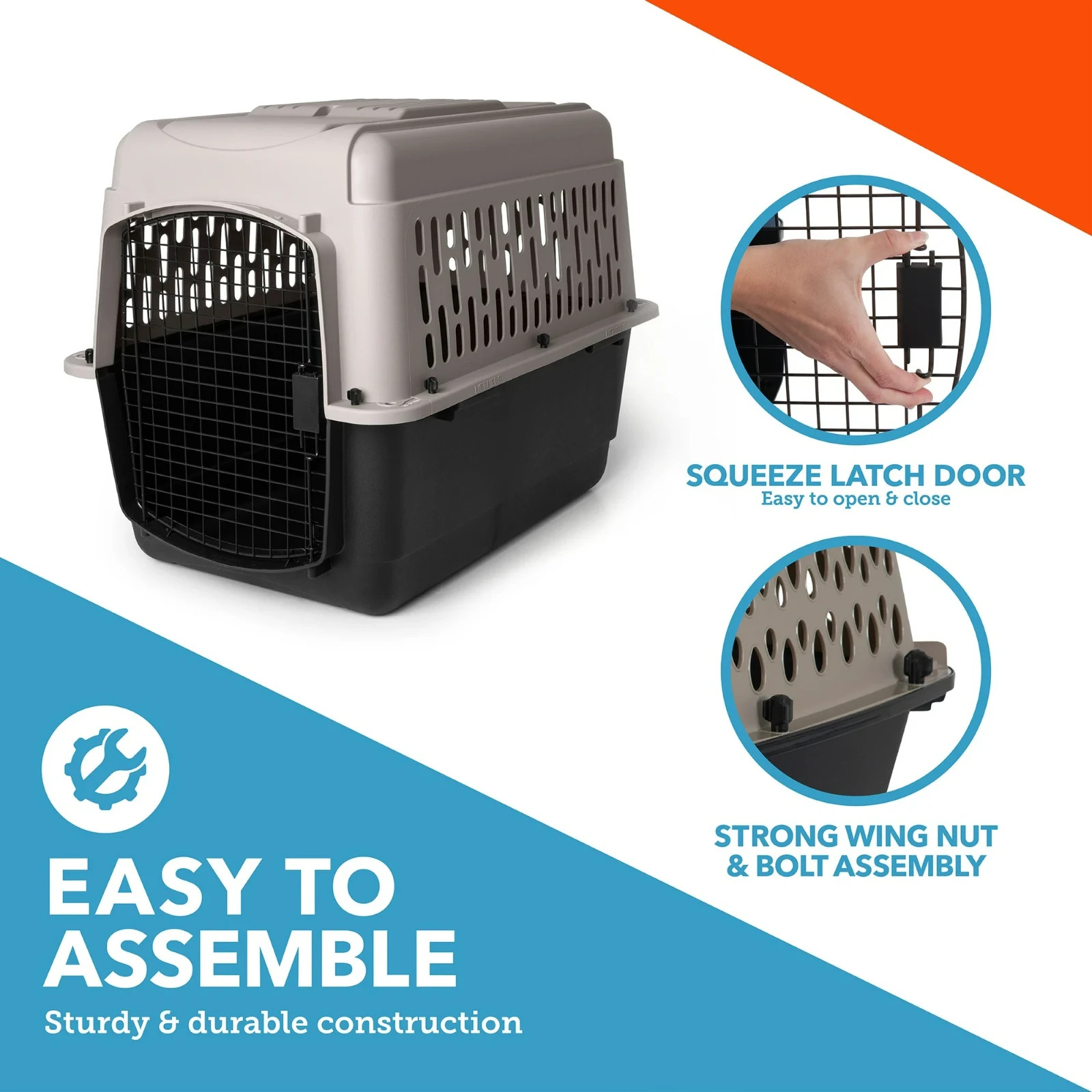 Vibrant Life Pet Kennel 32" Medium Plastic Portable for Pets 30 to 50 lbs, Gray