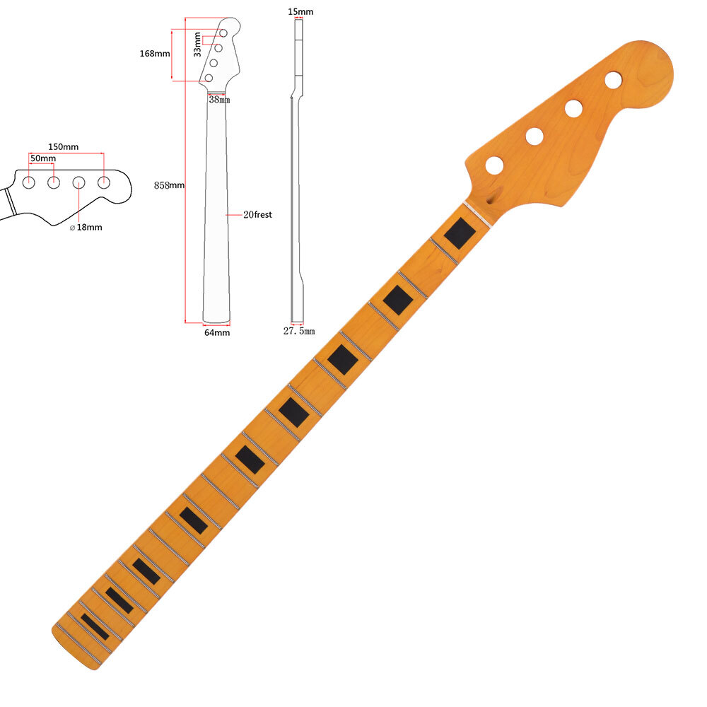 20 Frets Bass Guitar Neck for 4 String PB Bass Part Canada Maple Yellow Matte US