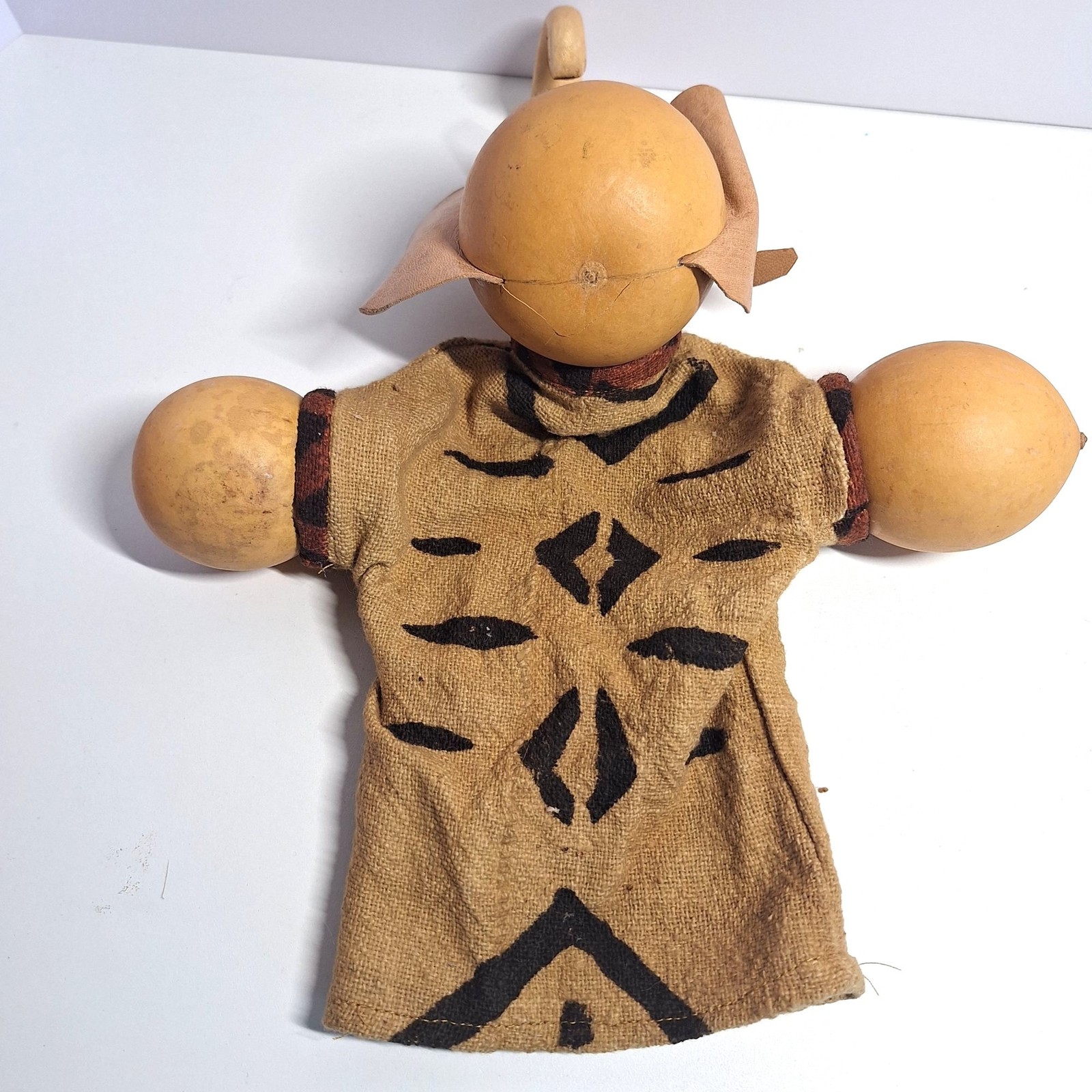 African Elephant Gourd Puppet Leather Handmade Ears Tusks Tribal Fabric READ