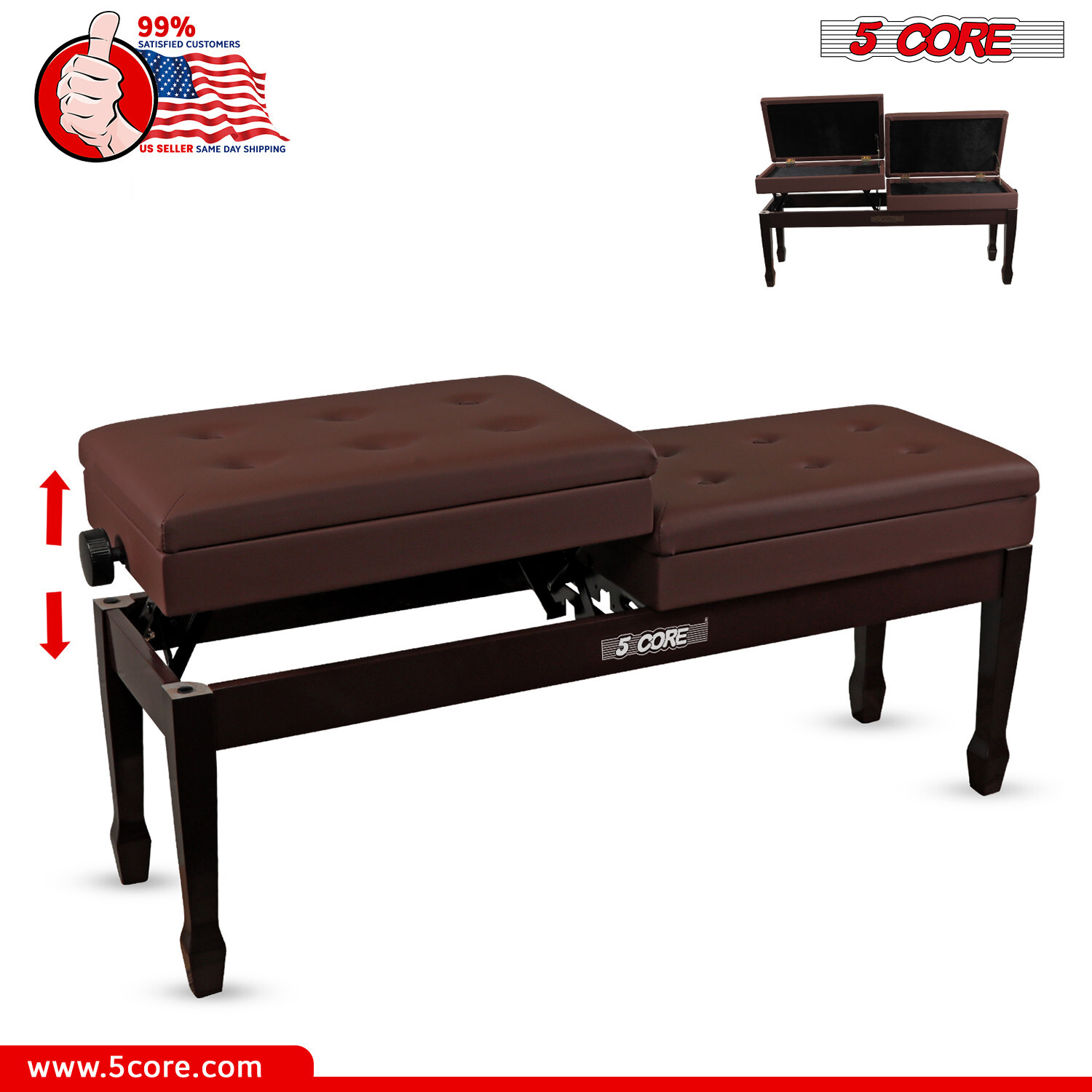 5Core Professional Double Duet Piano Bench Soft Padded Seat Wood Chair w/Storage