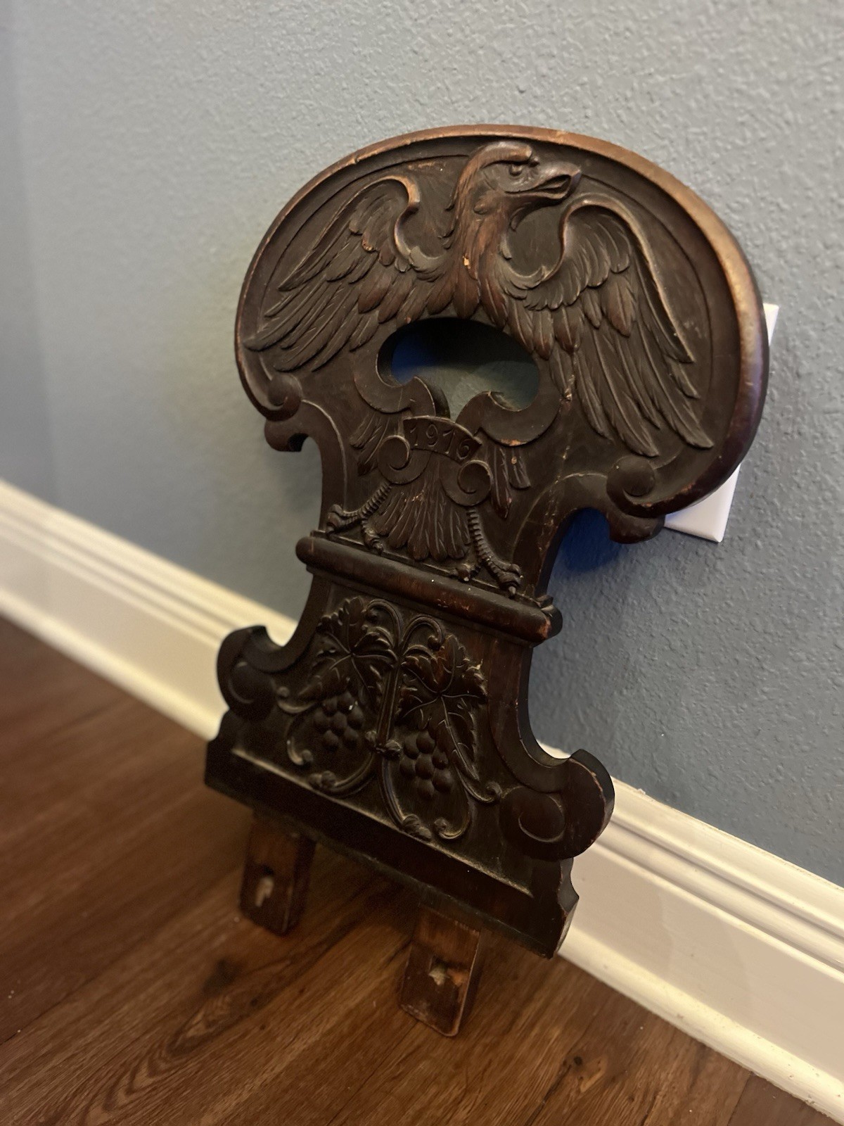 Antique 1916 Carved Wooden Eagle & Grapevine Panel – Furniture Crest Decorative