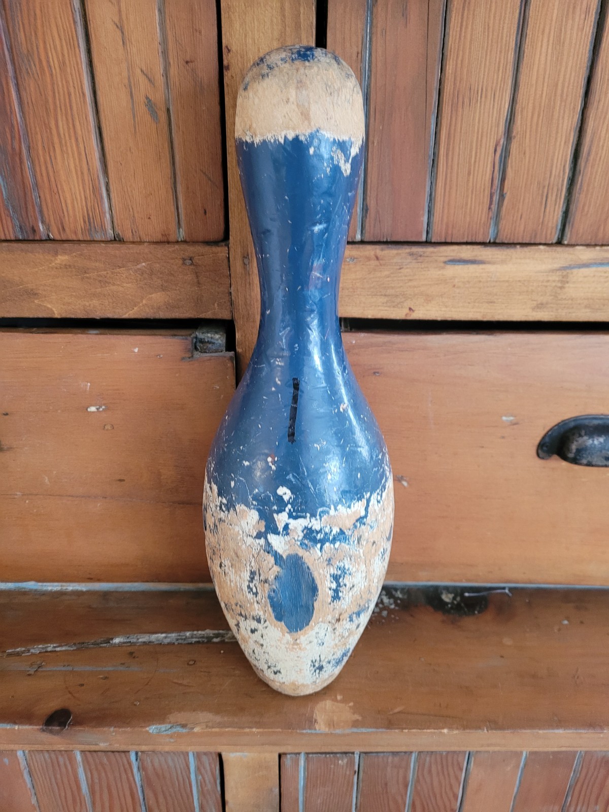 Vintage Primitive Wood Painted Bowling Pin 15" farmhouse