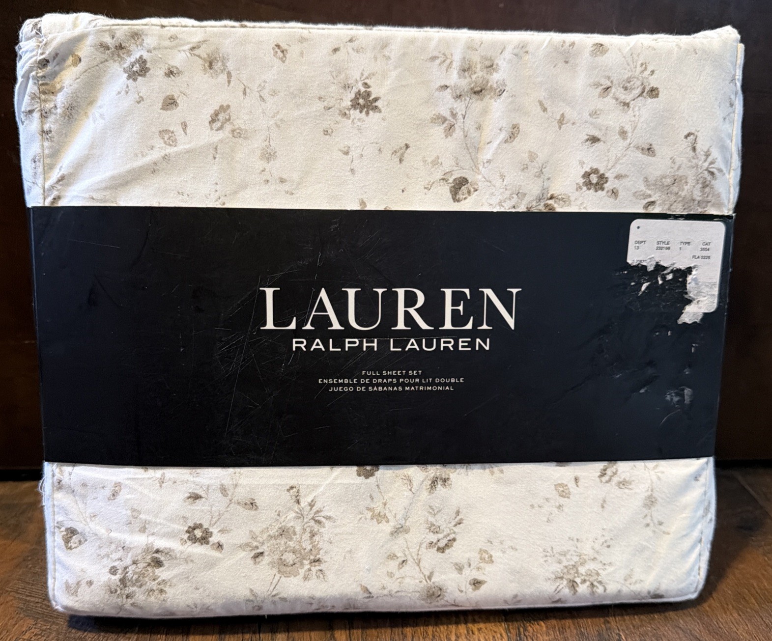 Ralph Lauren FULL Sheet Set Floral  Taupe Cottage White Cotton 4 Pc