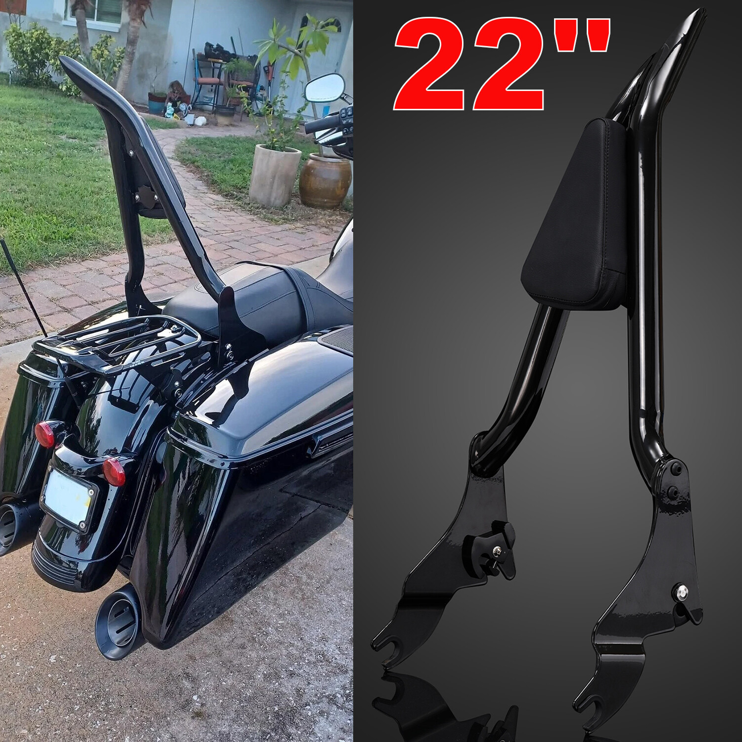 22" Passenger Backrest Sissy Bar For Harley Touring Road Street Glide 2009-2025