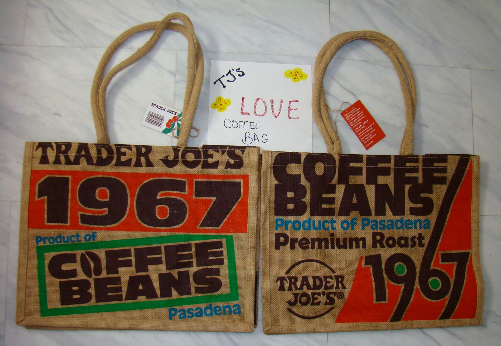 New Trader Joe's Pasadena Coffee Beans Reusable Shopping Grocery Jute Burlap Bag
