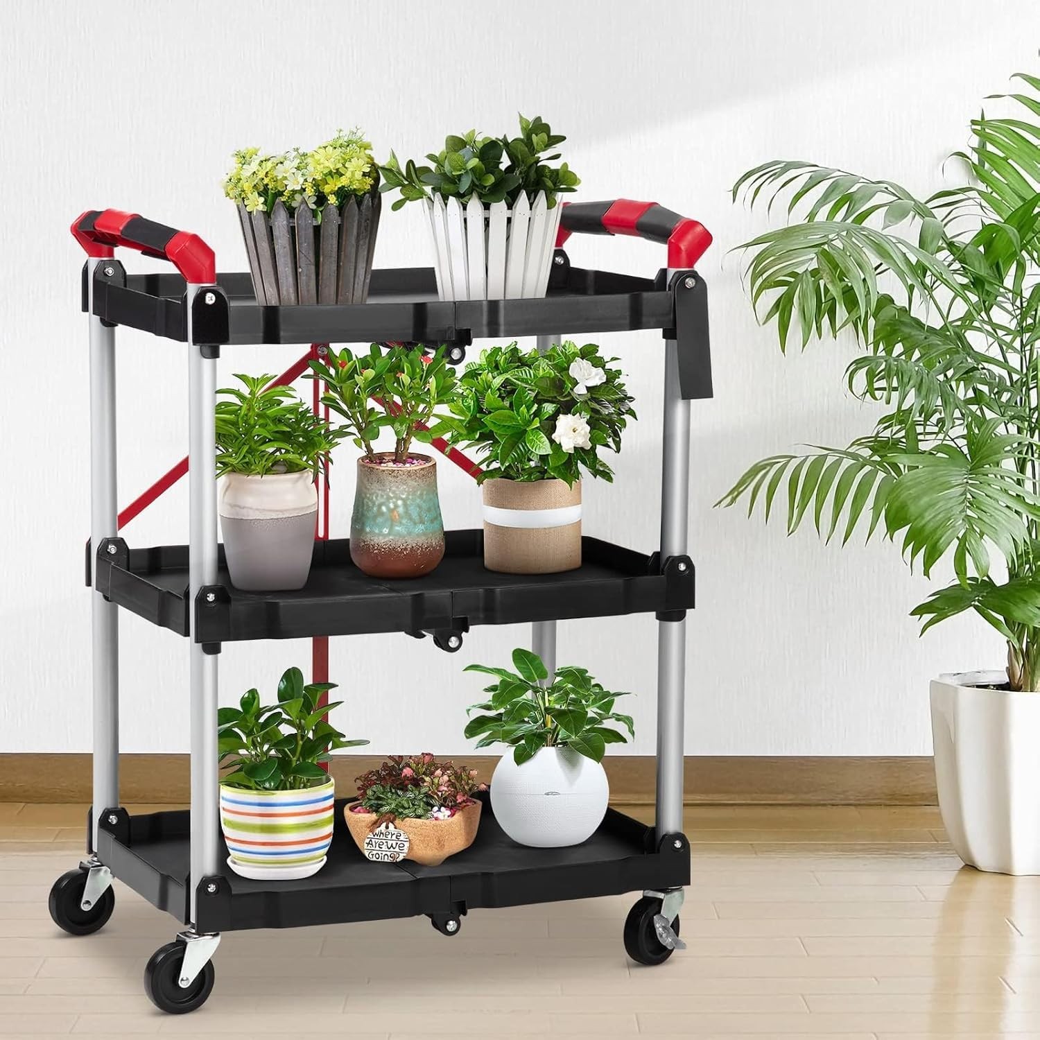 Collapsible Rolling Cart with Wheels, 3 Tier Rolling Utility Cart