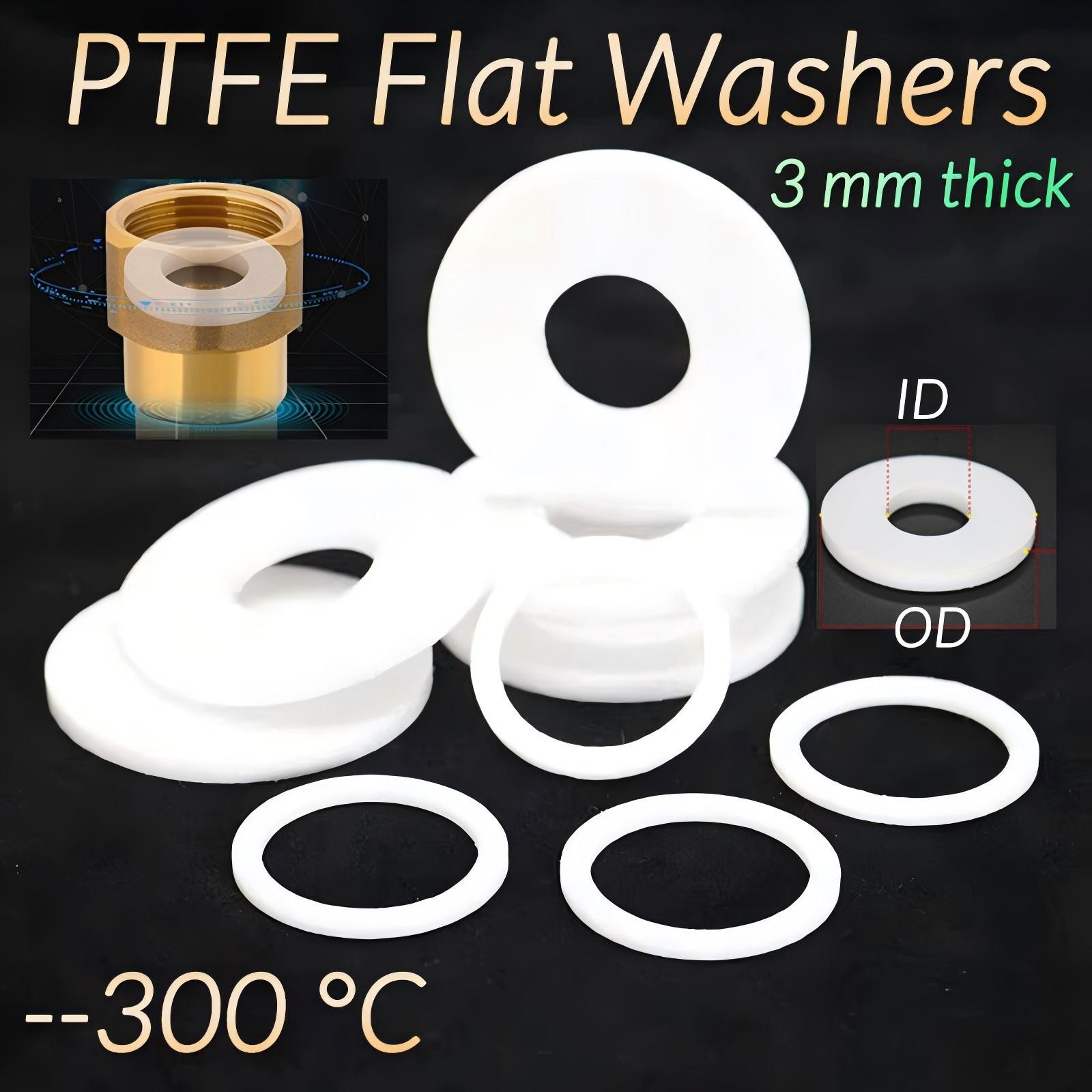 3MM THICK WHITE PTFE HIGH TEMP FLAT RING WASHER SEAL GASKETS 6mm - 219mm ID