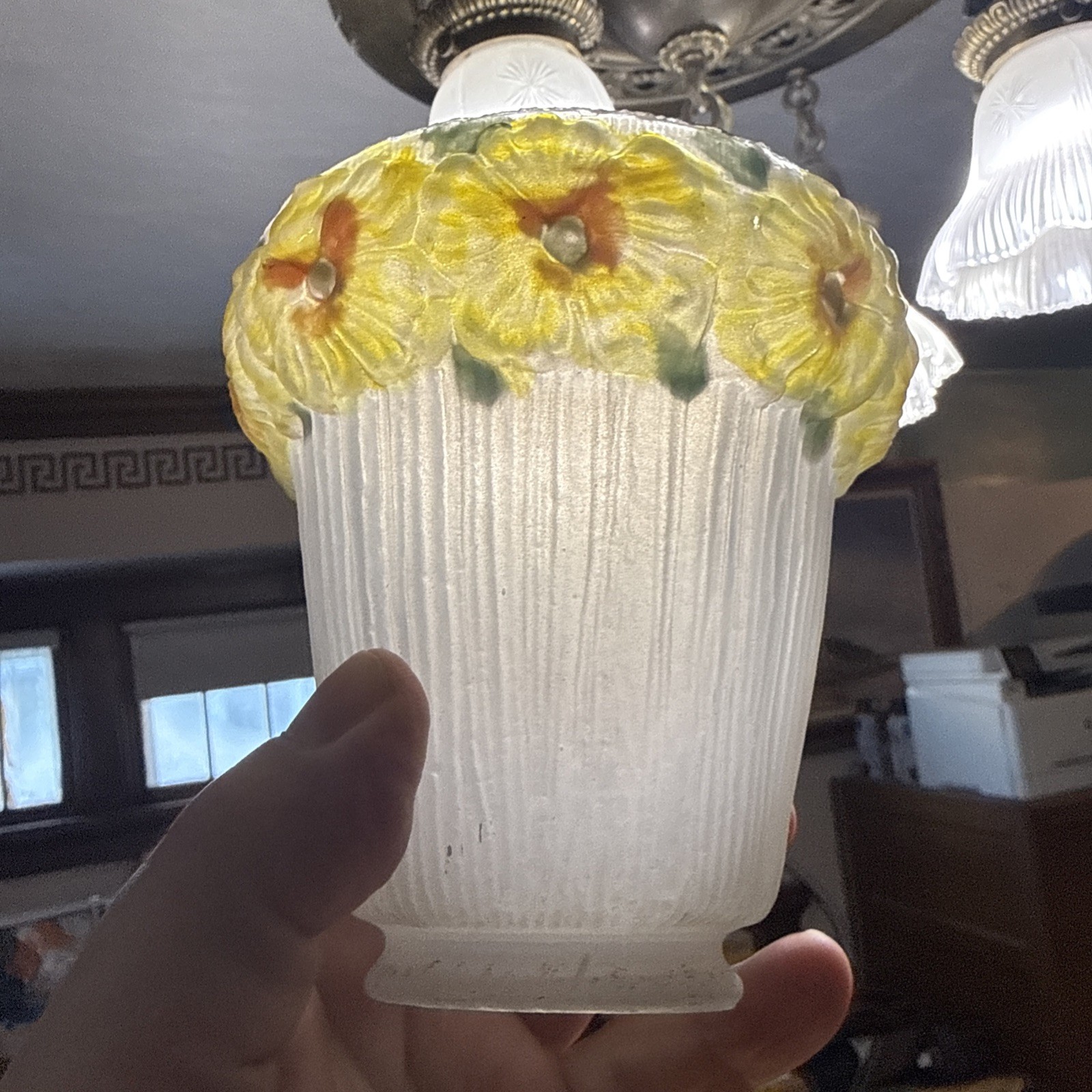 Antique Set 3 Reverse Painted Glass 4 5/8" Shades Yellow Flowers 2-1/4" Fitter