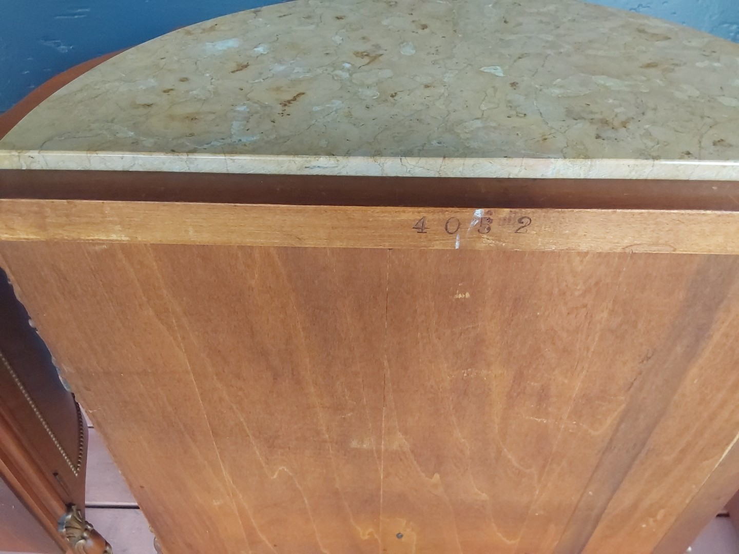 Vintage French Demilune Inlayed Wood End Tables w/Marble Tops 30 Tall X 23" Wide