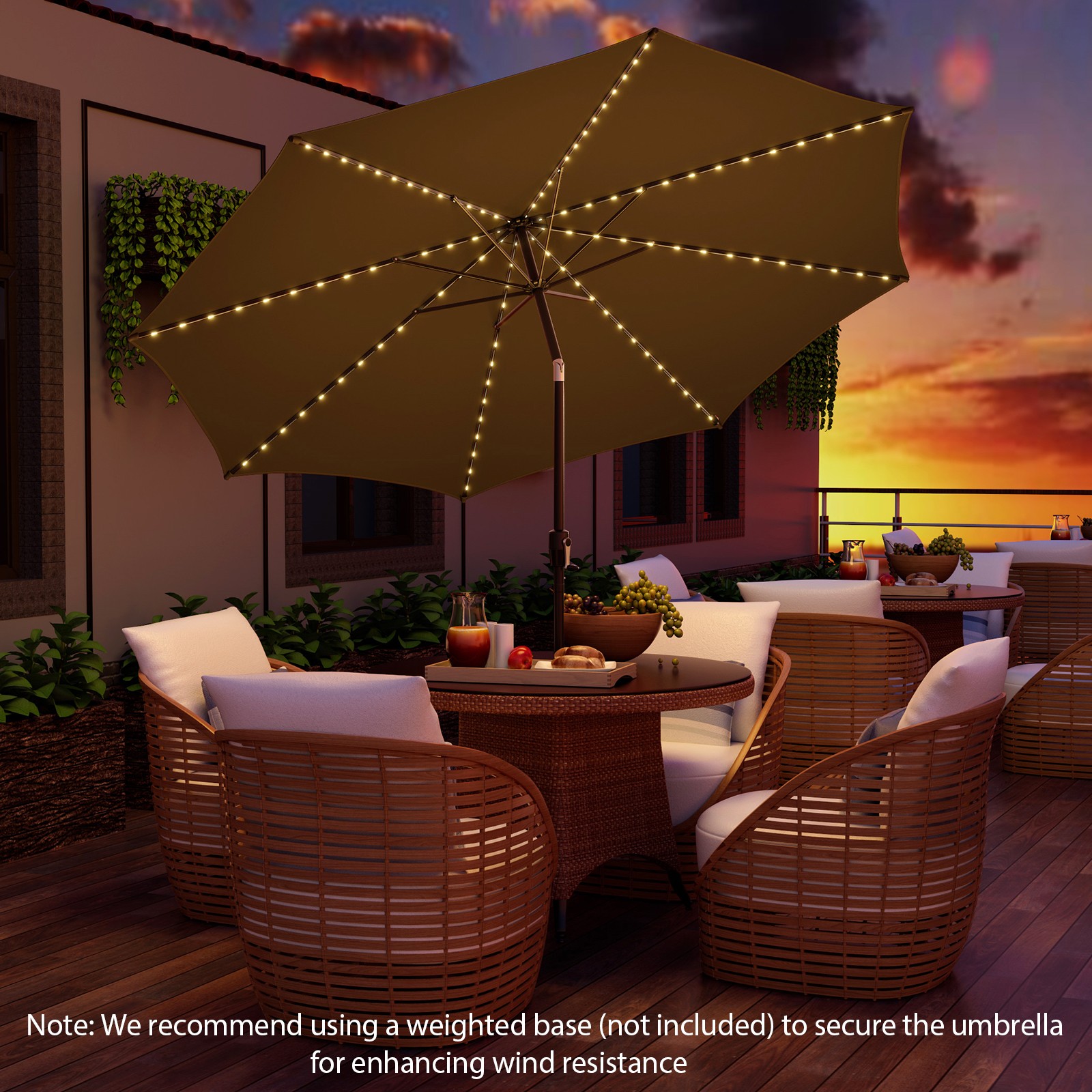 10 FT 112 LED Solar-Lighted Patio Market Umbrella Crank Tilt Outdoor Coffee