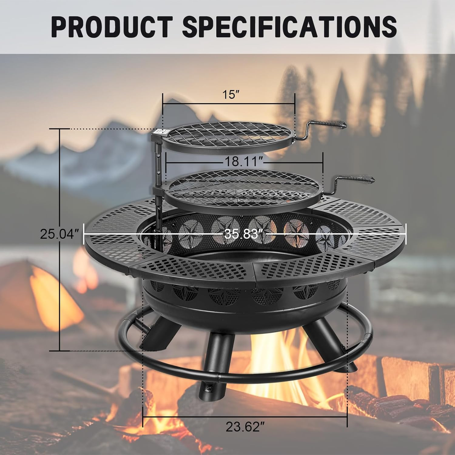 36 Inch Fire Pit with 2 Grills, Outdoor Wood Burning Firepit with Lid Metal Roun