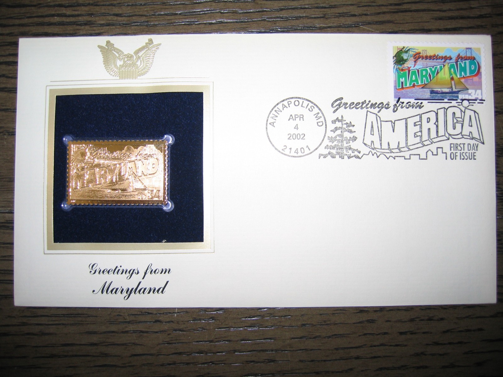2002 MARYLAND Greetings From America Replica Gold Stamp Golden COVER