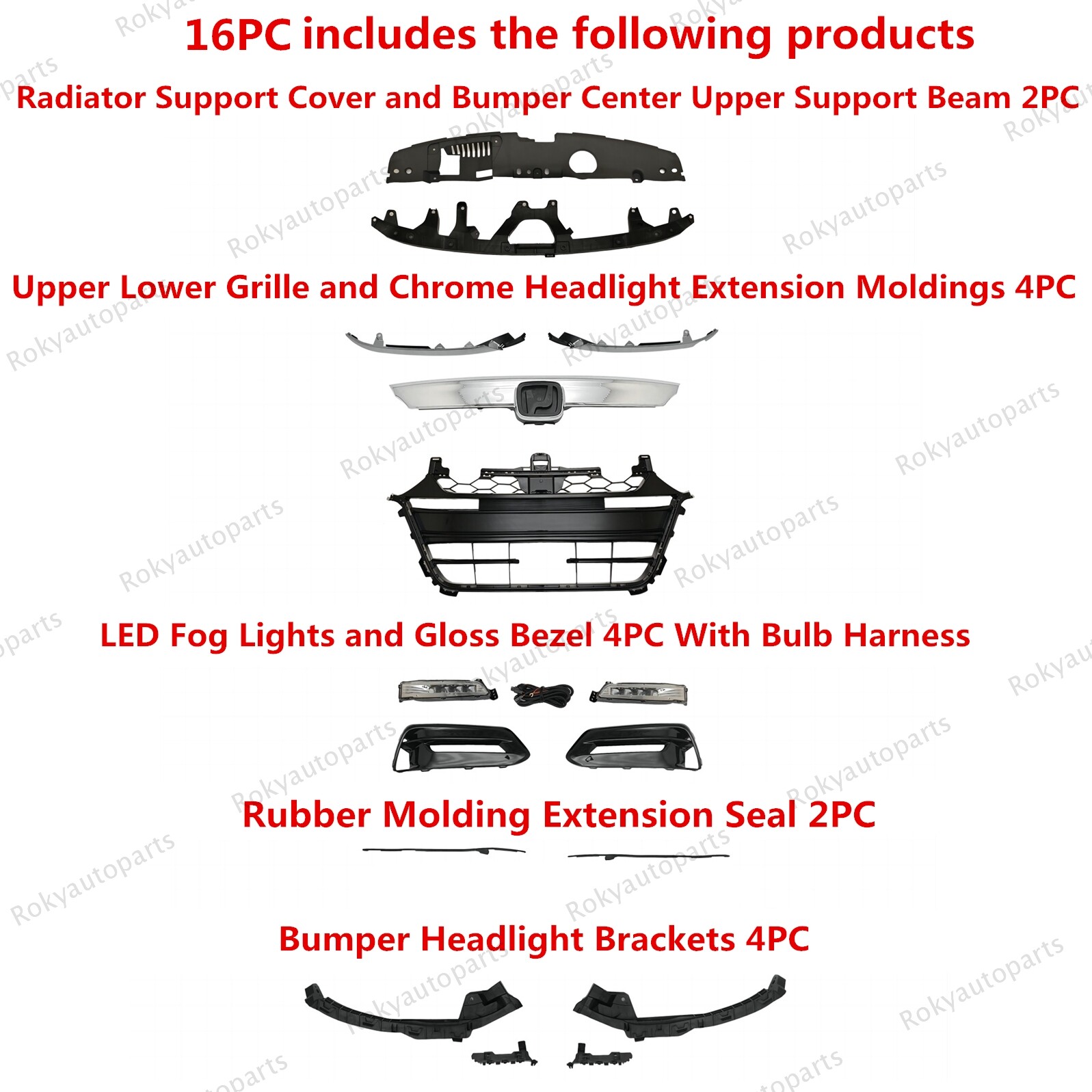 16PC For Accord 2018-2020 Chrome Grille Molding Fog light Bezel Headlamp Bracket