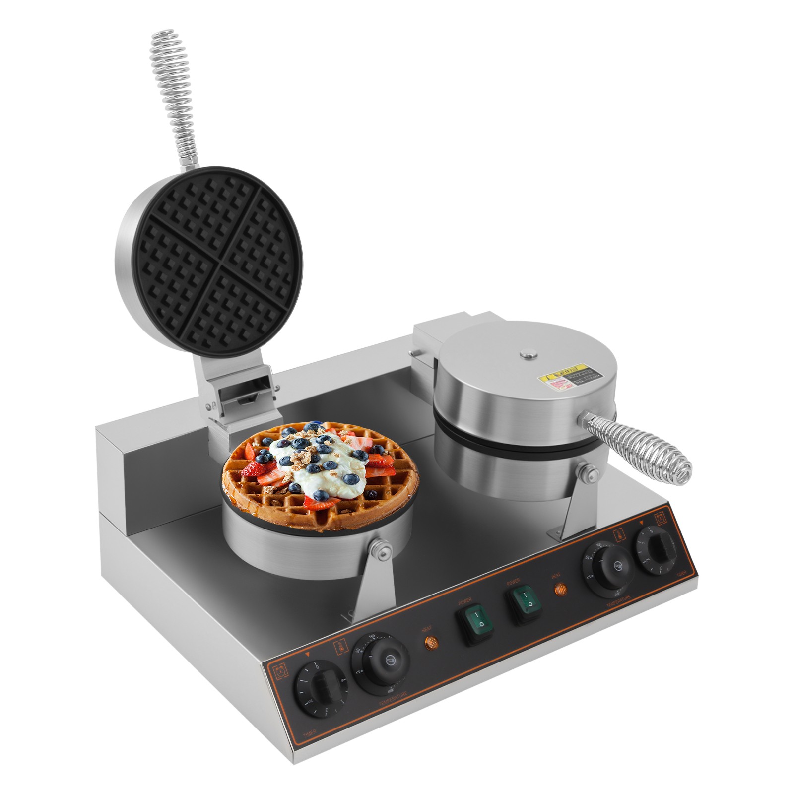 Dual Heating Plates Waffle Maker 2.4kW Adjustable Temp/Time Non-Stick Mold