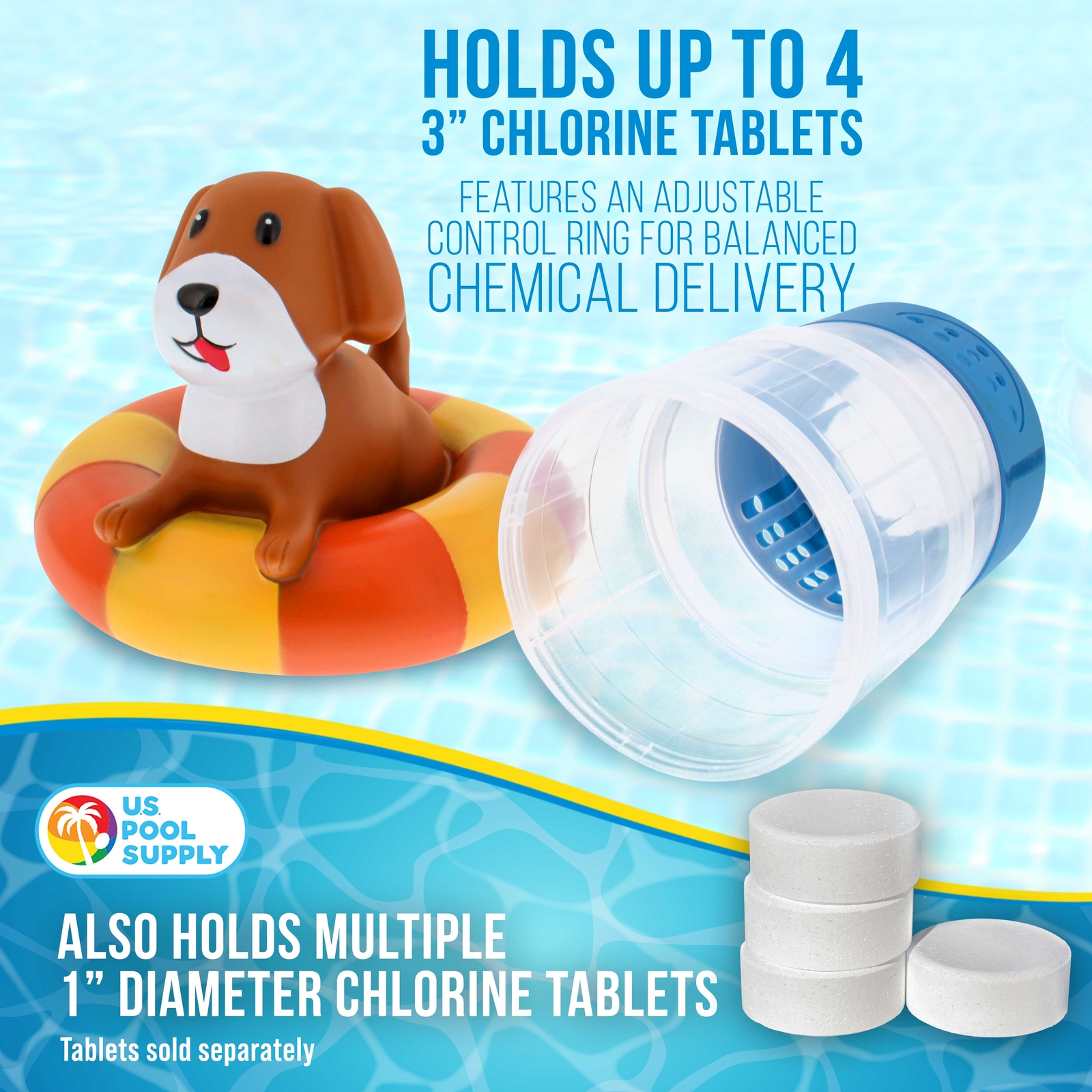 U.S. Pool Supply Puppy Dog Floating Pool Dispenser, Holds 3" Tablets