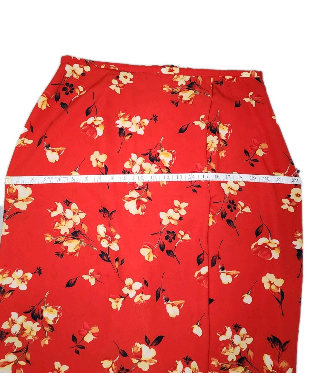 Norton McNaughton Flowy Red Floral Midi Skirt Yellow Flowers Women's Sz 16