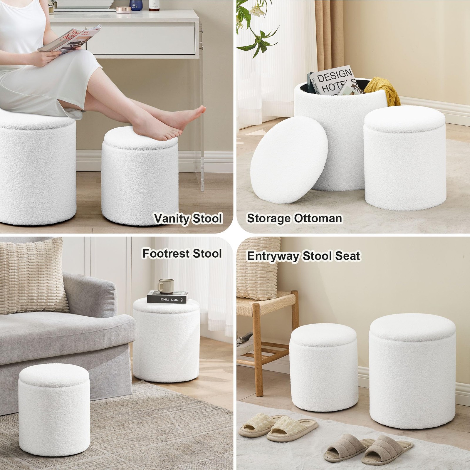 Round Set of 2 Ottoman with Storage, Boucle Storage Ottoman Foot Stool, Soft ...