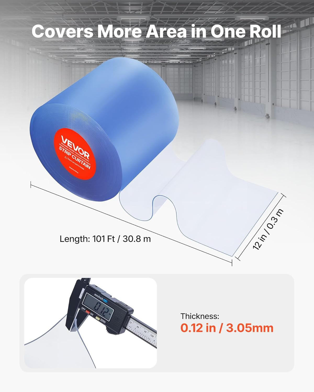 Clear PVC Strip Curtain, 101 Ft Length X 12 in Width, Thermal Insulating Plastic