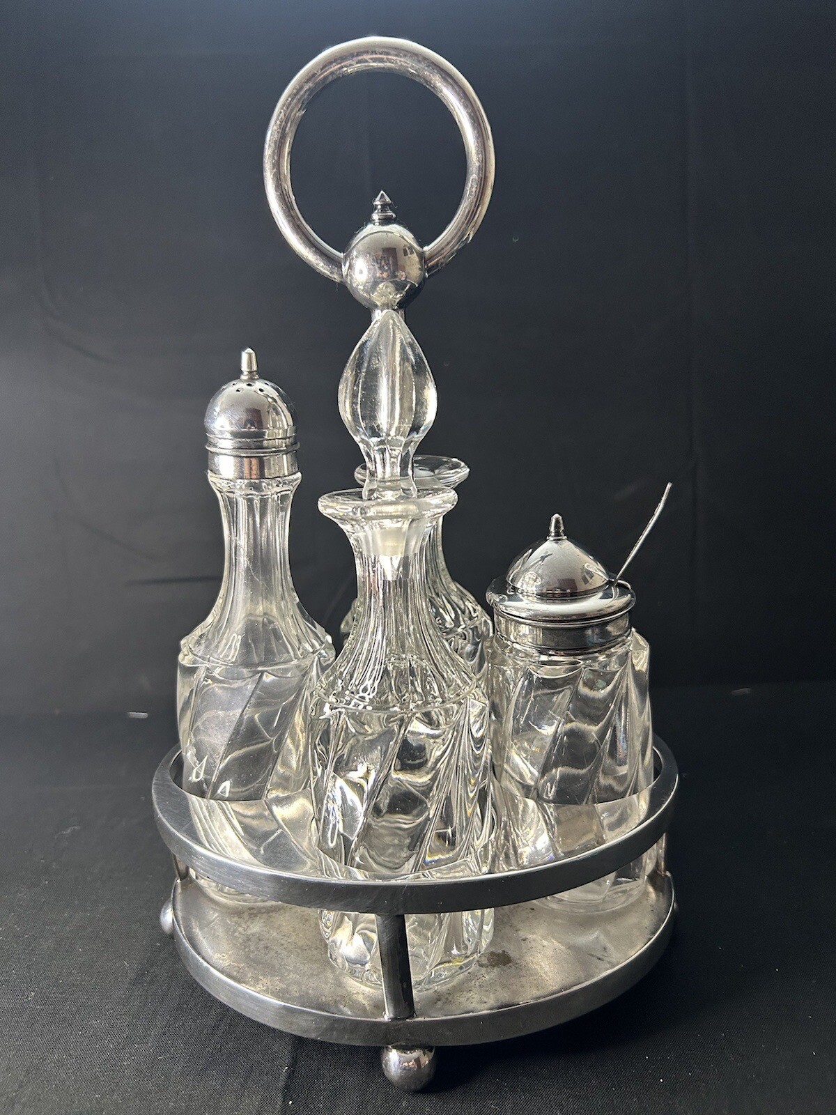 RARE Antique Manganese Glass Cruet Set Meriden Quadruple Plate Caddy c1900 READ