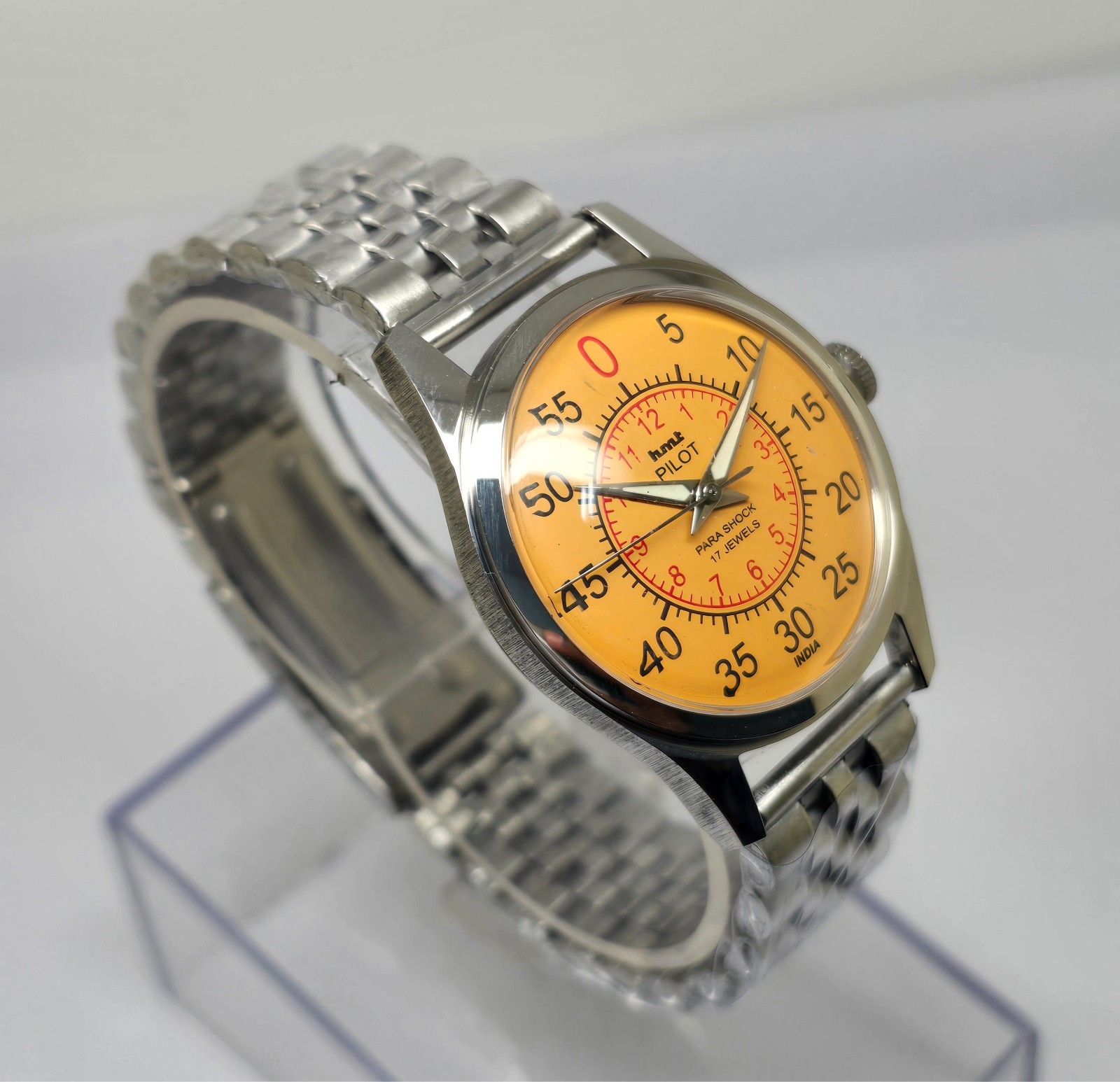 Vintage Hmt Pilot Yellow Dial 17 Jewels Mechanical hand winding Transparent Back