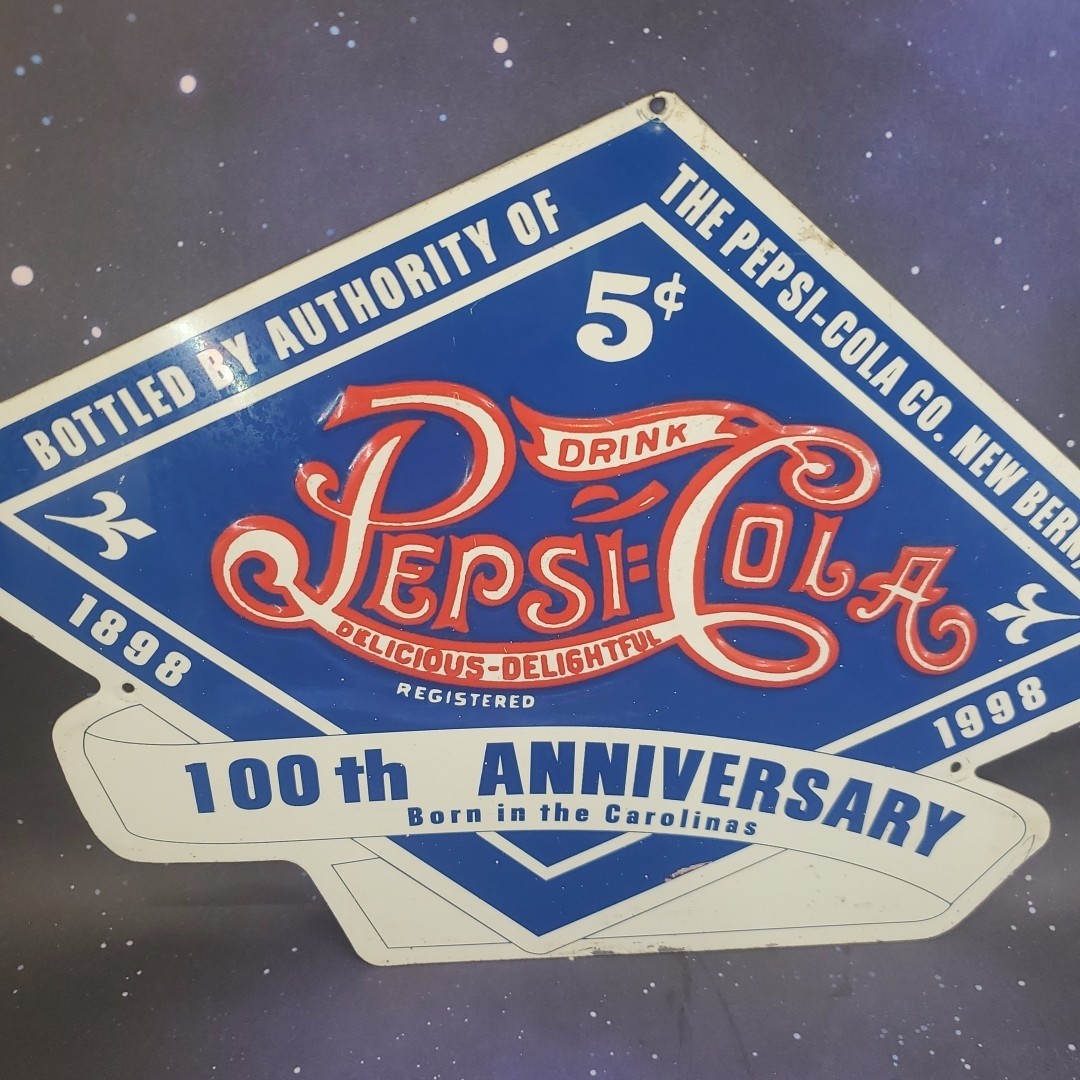RARE Pepsi Cola Diecut Embossed Metal Sign 100th Anniversary New Bern NC 1998