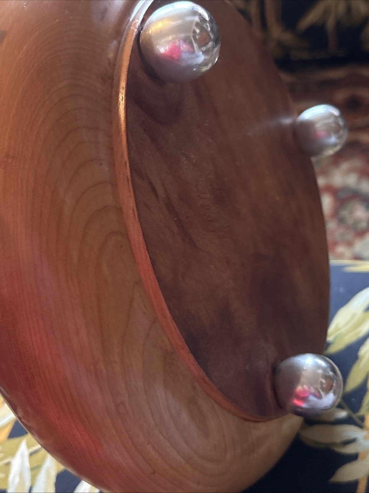 Solid Wood Salad Bowl 3 Sterling Silver Ball Feet Beautiful 9.5”