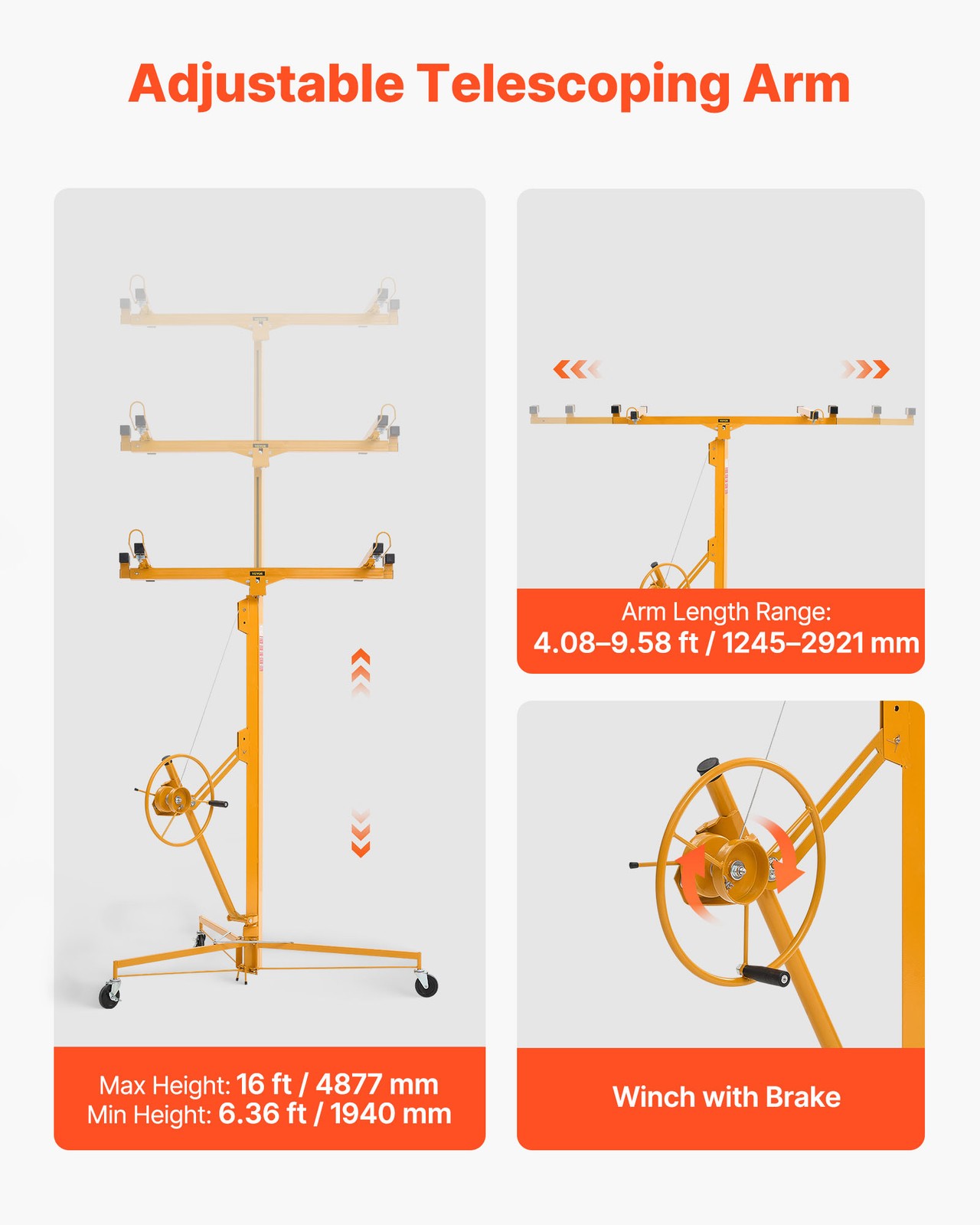 VEVOR 16ft Drywall Lift 150 lbs Sheetrock Hoist Adjustable Arm Lockable Wheels