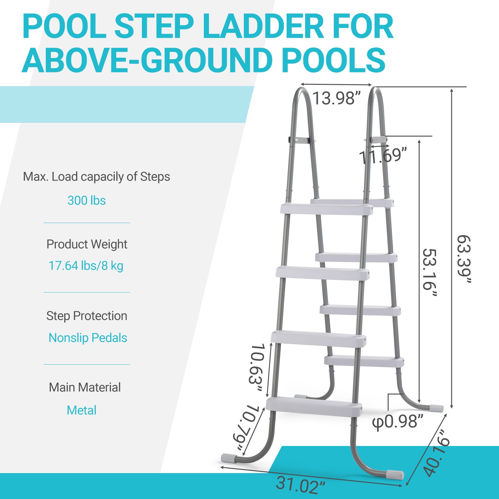 52in Swimming Pool 4 Steps Ladder, Coated Steel Frame, Improve Stability