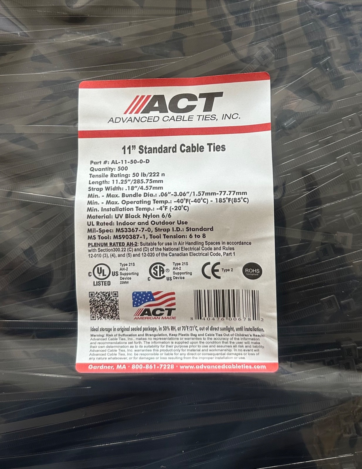 11-Inch UV Protected Black Cable Ties - Pack of 500, Made in USA