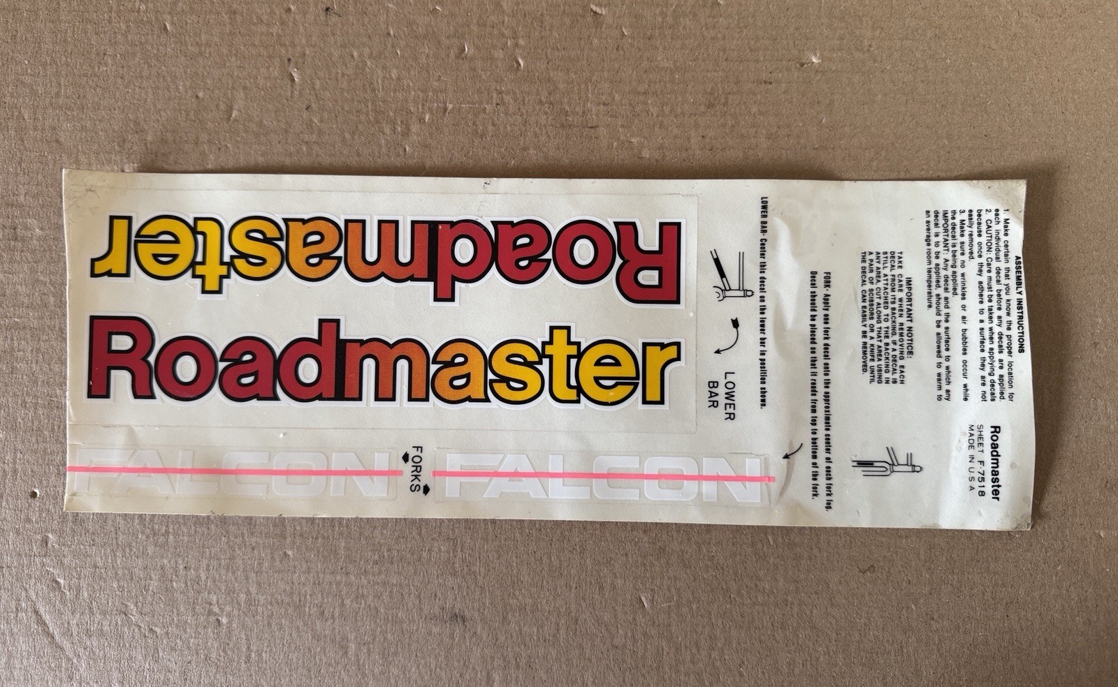 Roadmaster Falcon BMX Bicycle Tube And Fork Decals Sheet F-7518 1980’s
