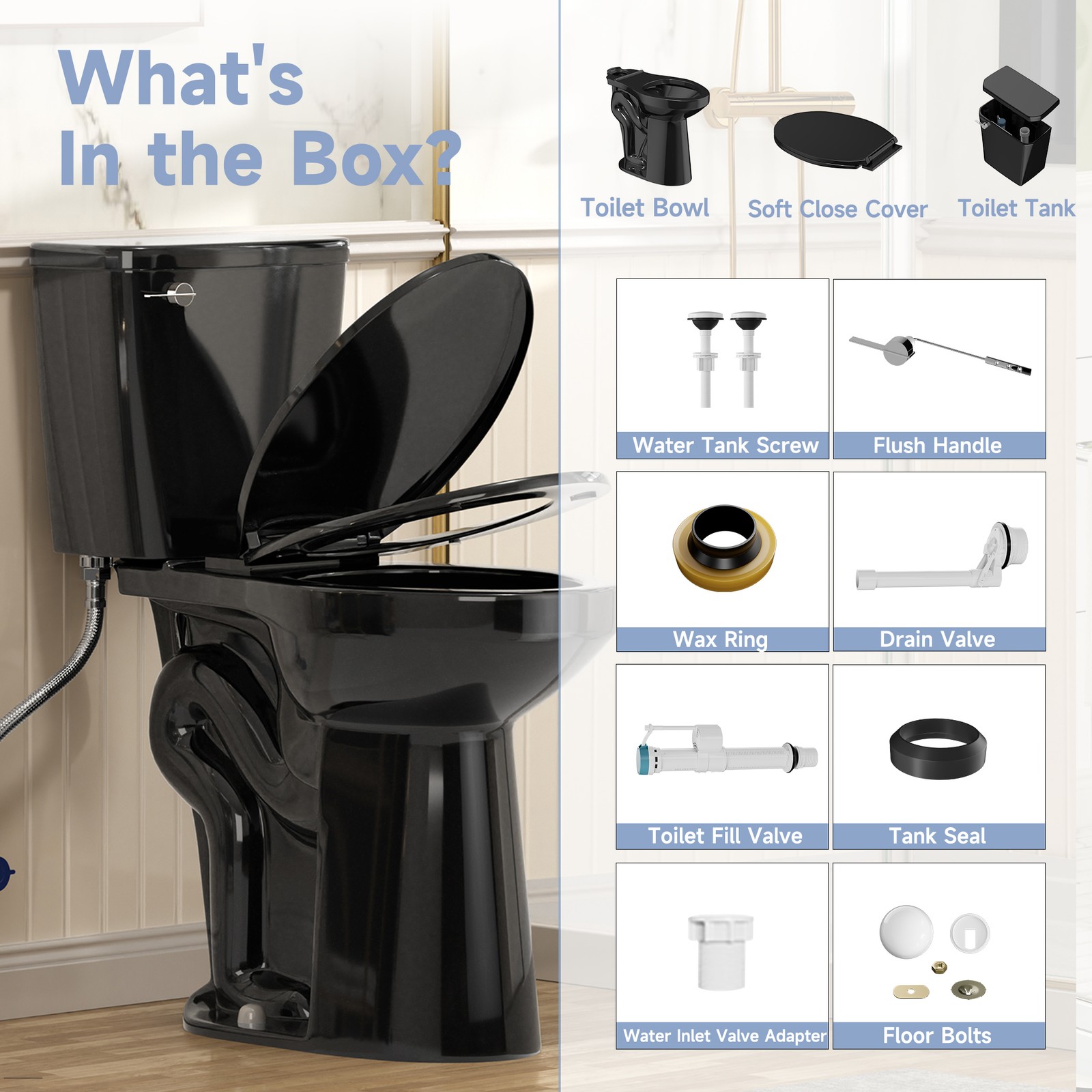 Elongated Two Piece Toilet with 21'' Height Seat Single Flush 1.28 GPF Black