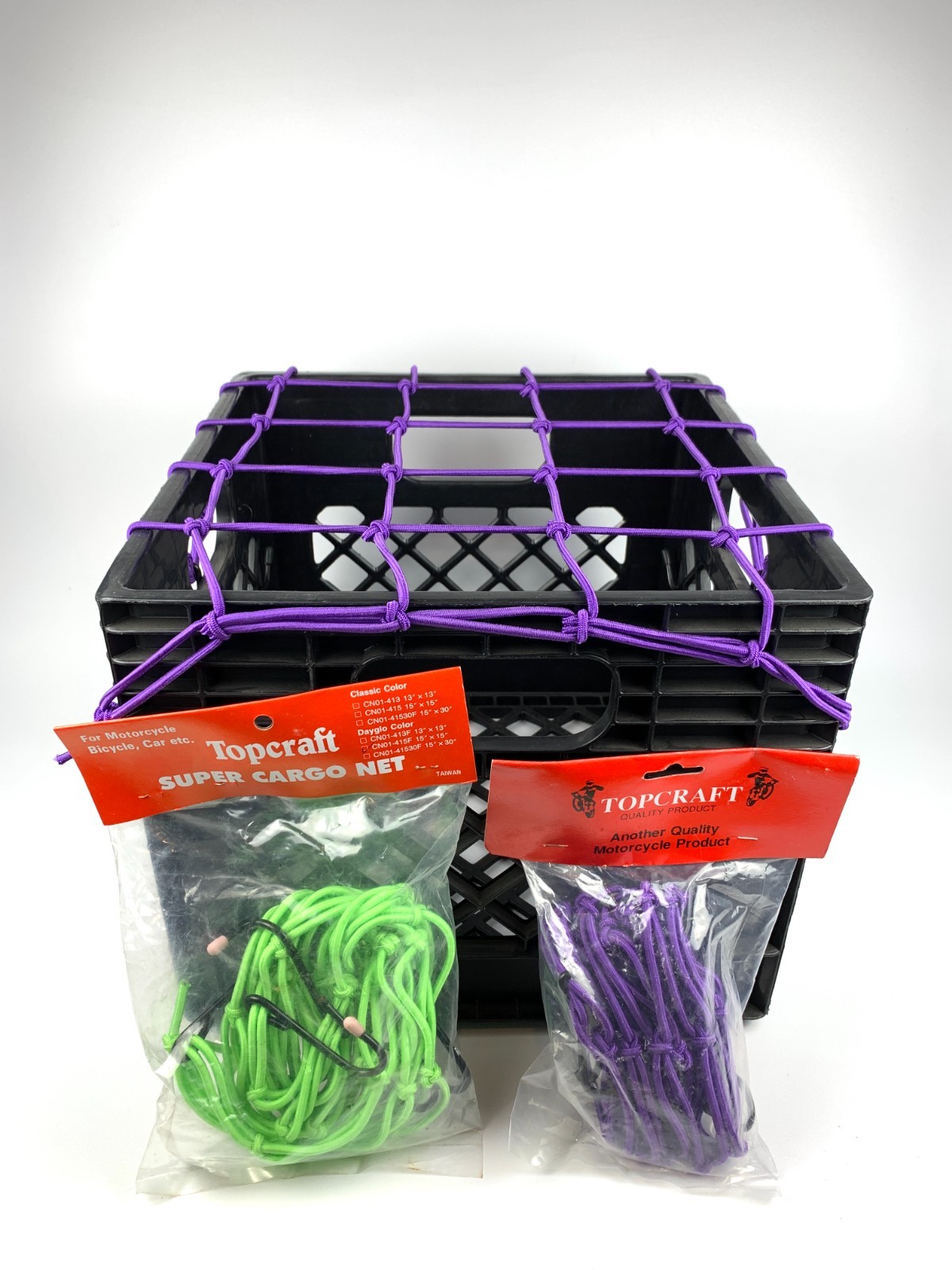 VTG Bike Cargo Net Dayglo Green Purple Stretch Basket Cover Topcraft 15x15" NOS