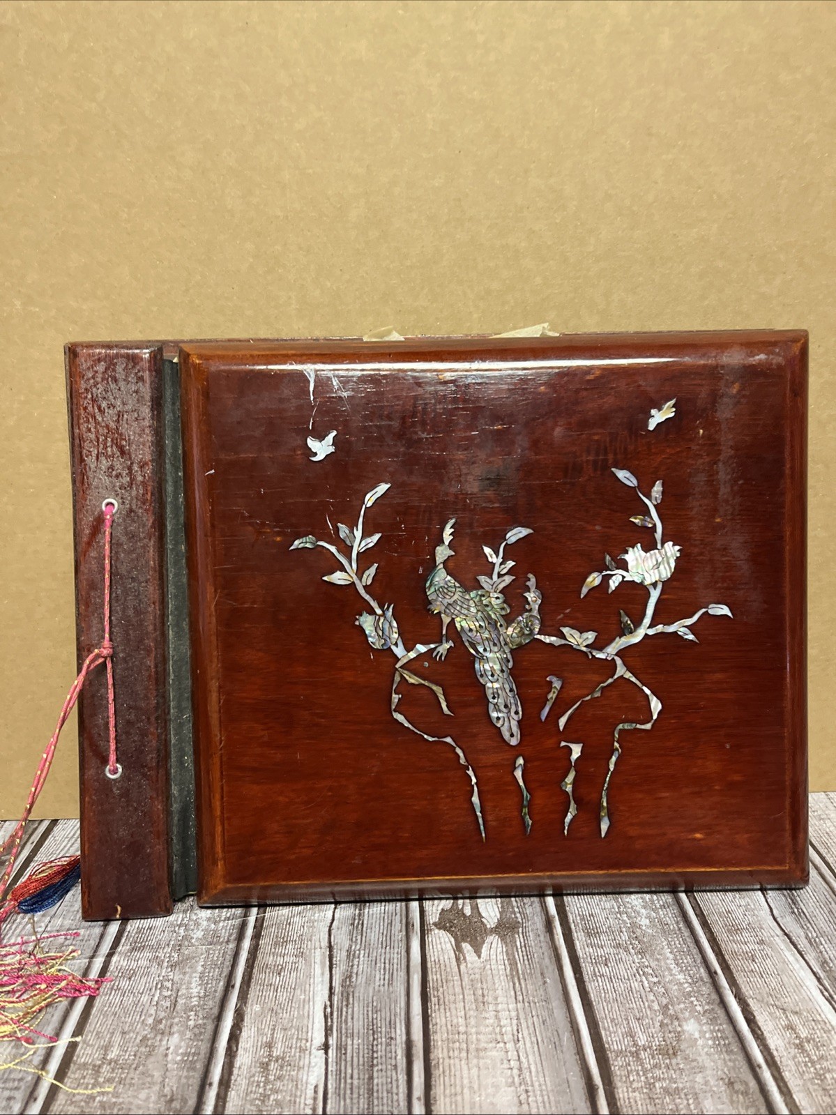 Asian Wood Inlayed Photo Album Abalone Shell Peacocks Flowers Music Book Vintage