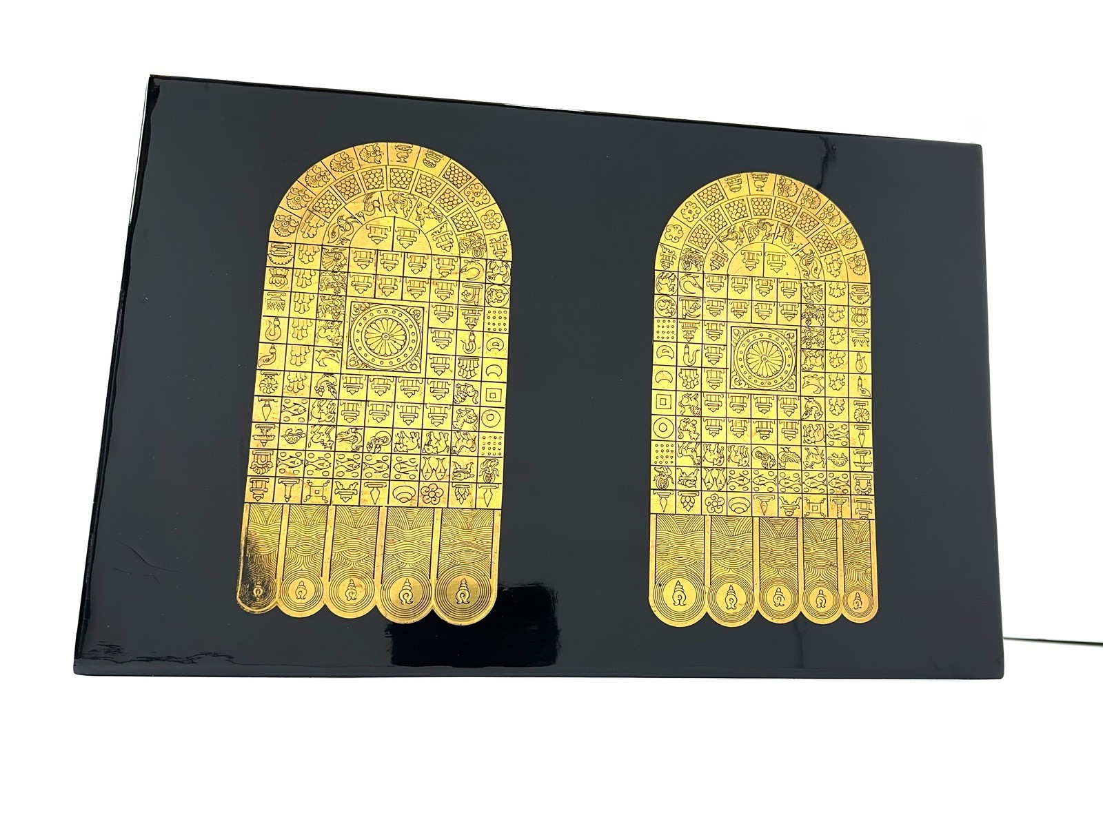 Large Burmese Gold Leaf Buddha Footprint Lacquer Panel Altar Art Zen Decor 18"