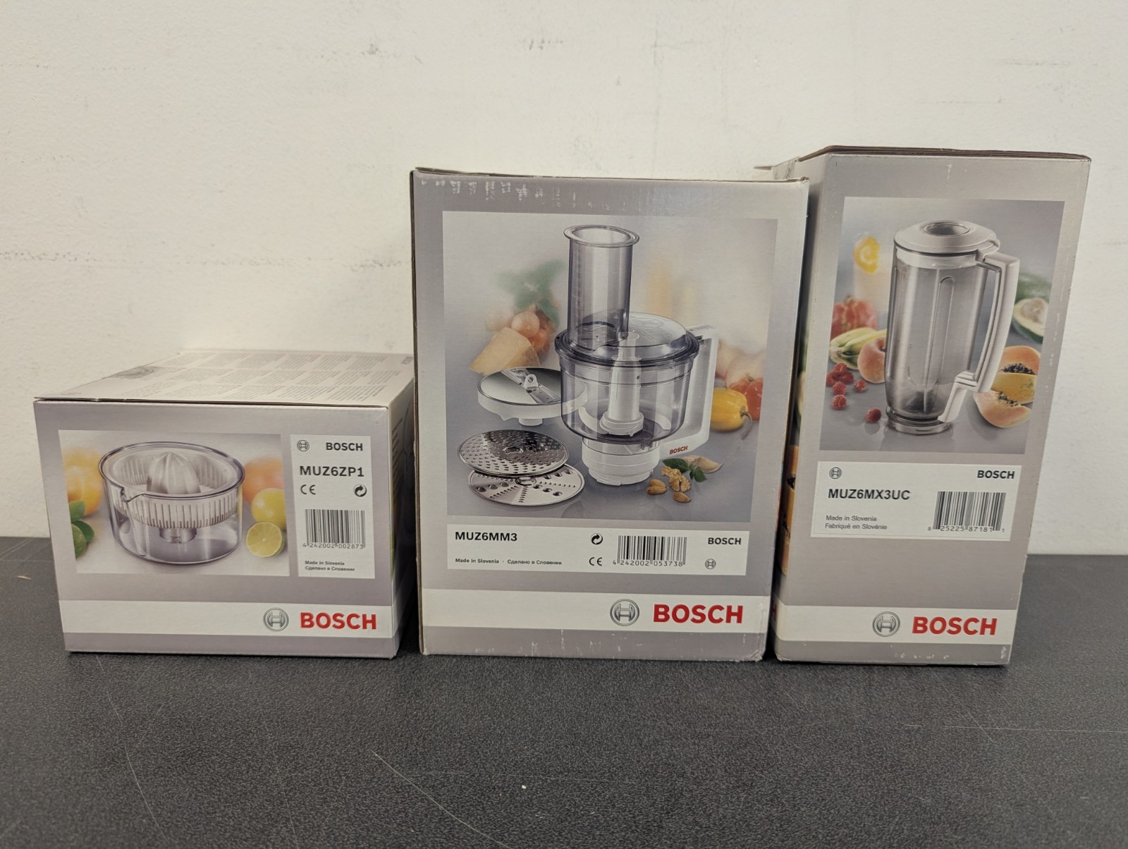Bosch 3pc Bundle, Universal Mixer, Plastic Mixer Attachment, Citrus Press, New