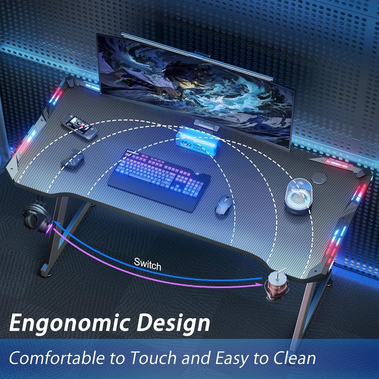 47/55 inch Gaming Desk with LED RGB Ergonomic Computer Table Gamer Desk