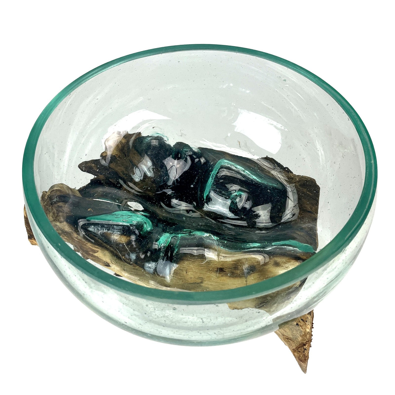 Molten Glass Bowl on Driftwood 10" Hand Blown Decorative Centerpiece Planter