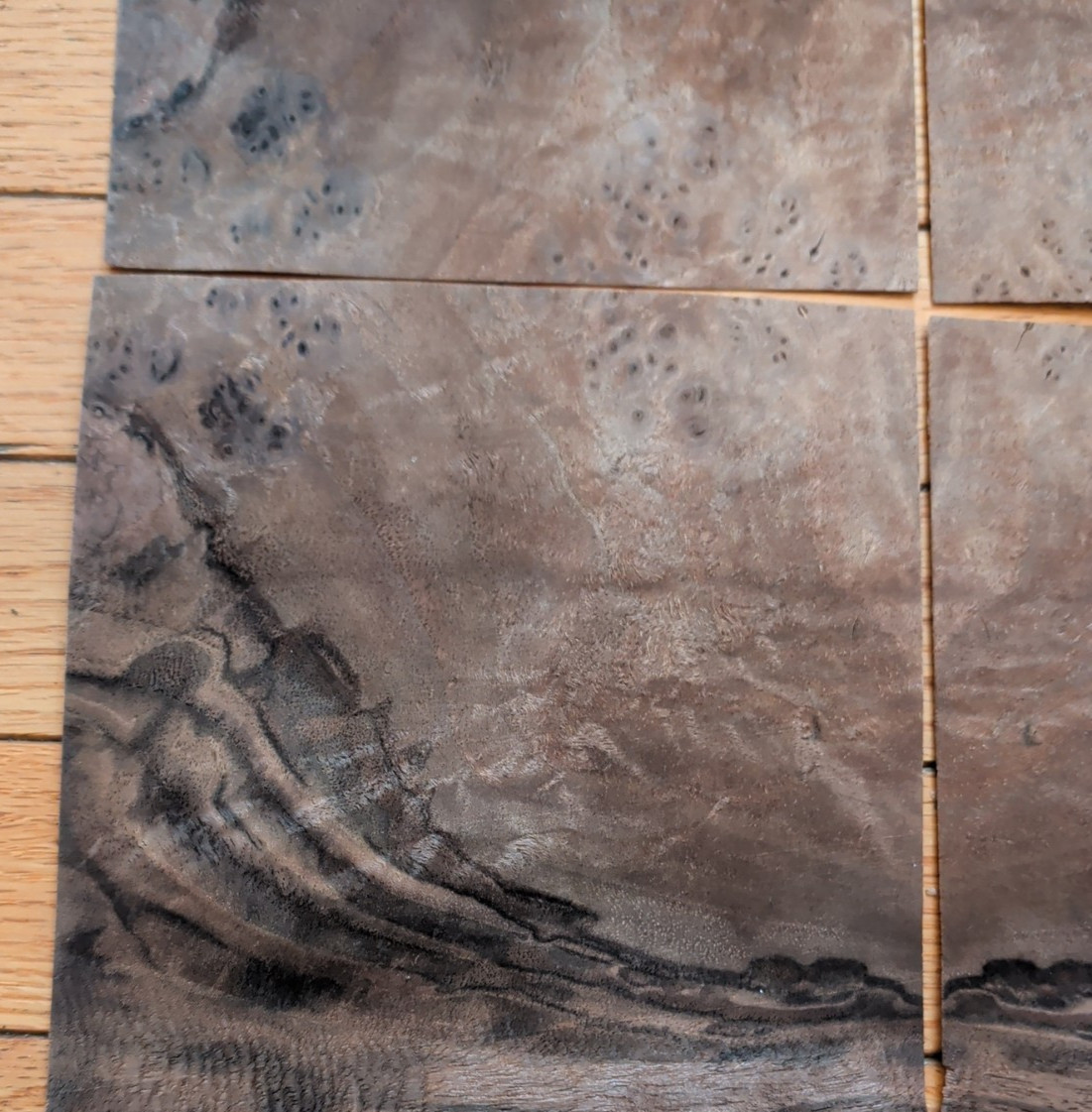 Walnut burl veneer 4 pieces 6" x 6 1/2" each wood 1/42" raw