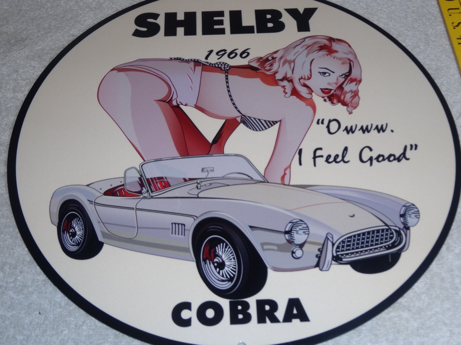VINTAGE 1966 FORD SHELBY COBRA SPORTS CAR & WOMAN 12" METAL GASOLINE & OIL SIGN!