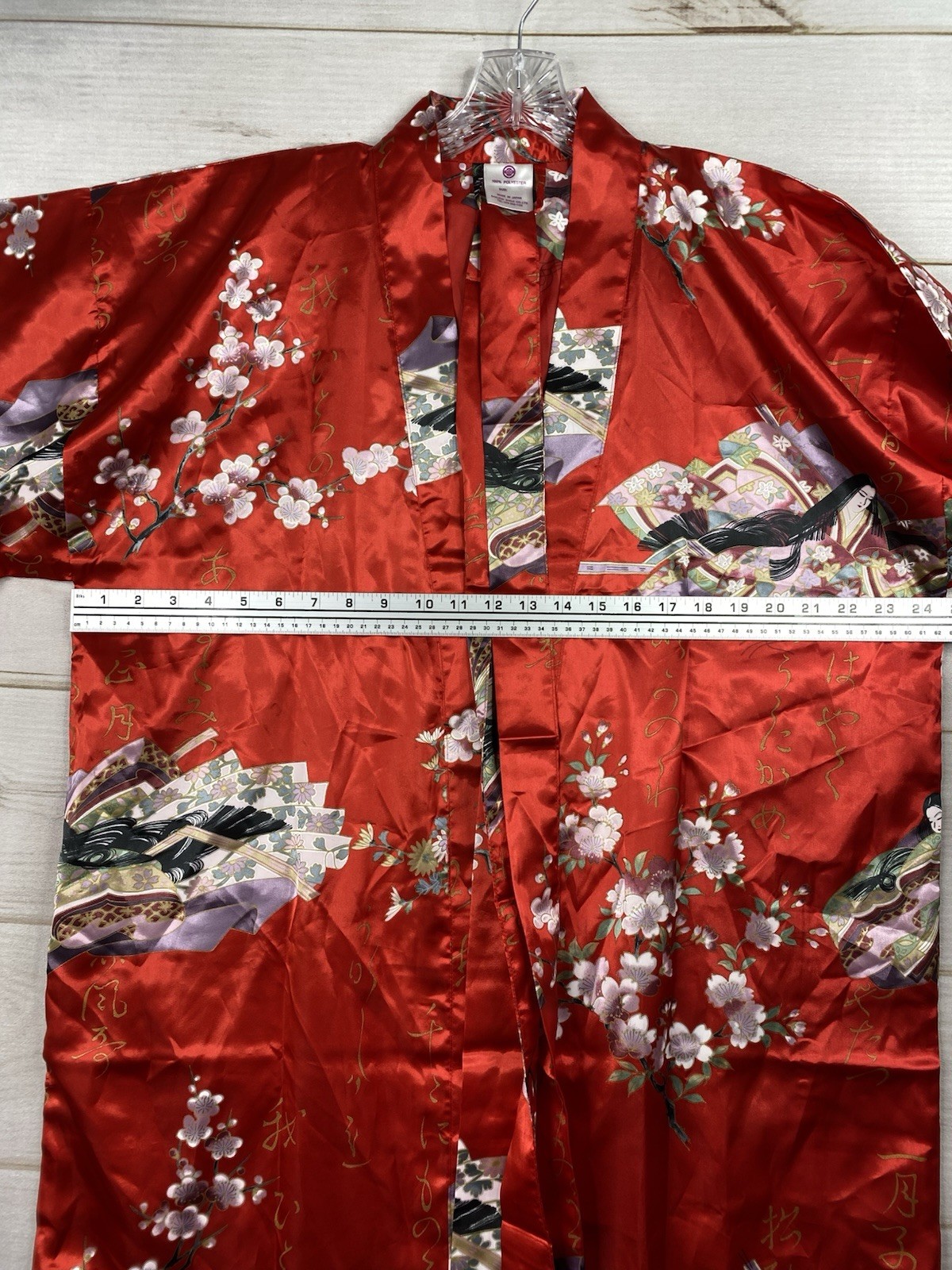 Vtg Sakurai Shoji Japan Red Floral Kimono Robe Fan Print Cherry Blossom Geisha