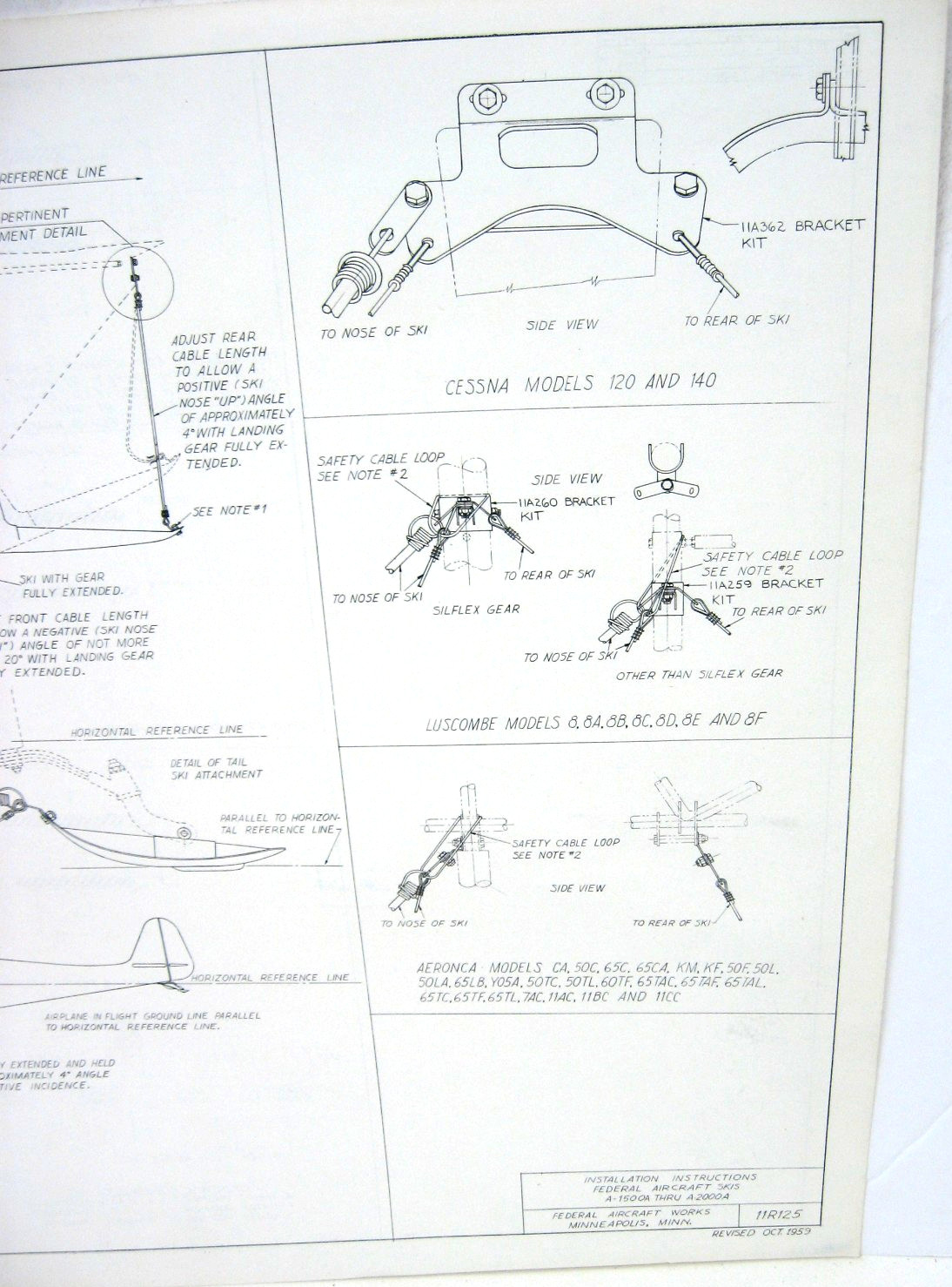 1959 Federal Aircraft Ski Installtn Instrctns 11R125-Cessna Luscombe Piper, plus