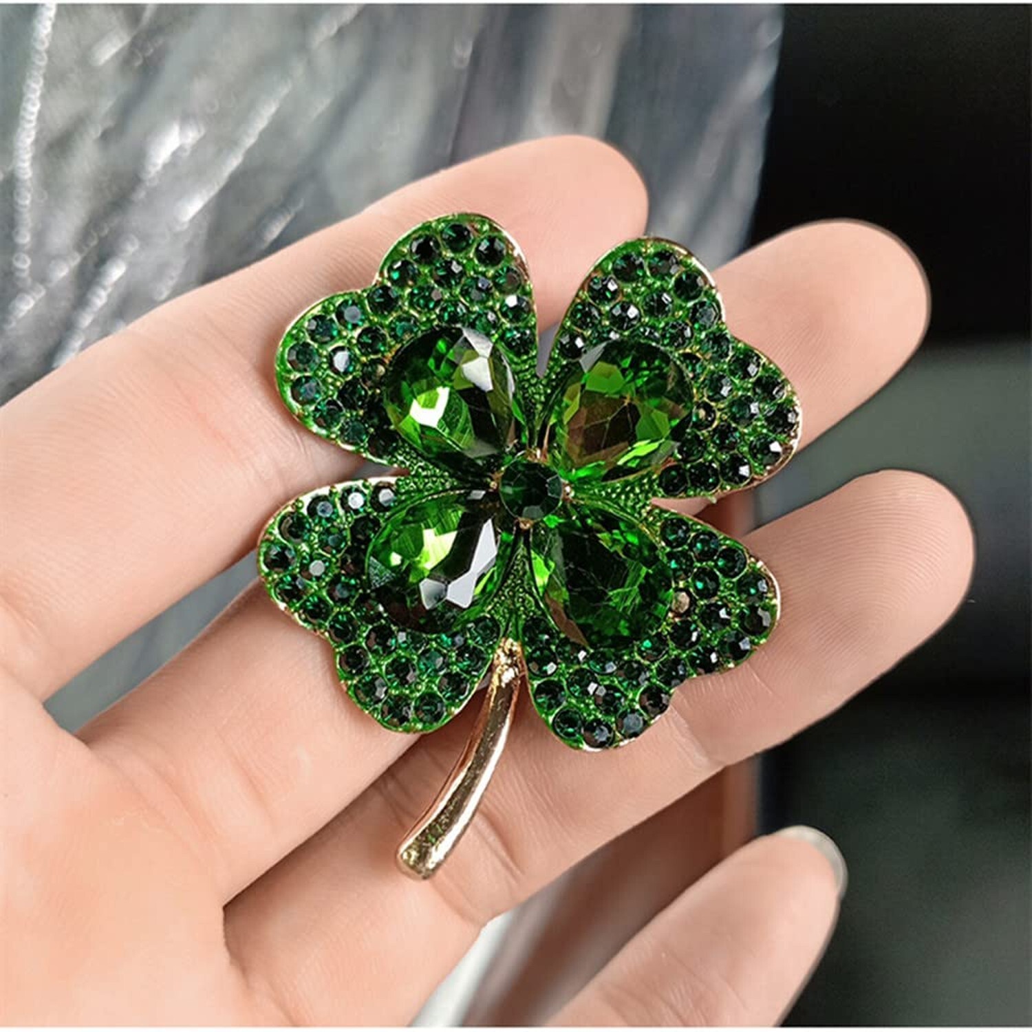 Rhinestone Green Clover Leaf Brooch Pin for Women Girls Unisex Gold Plated Vi...