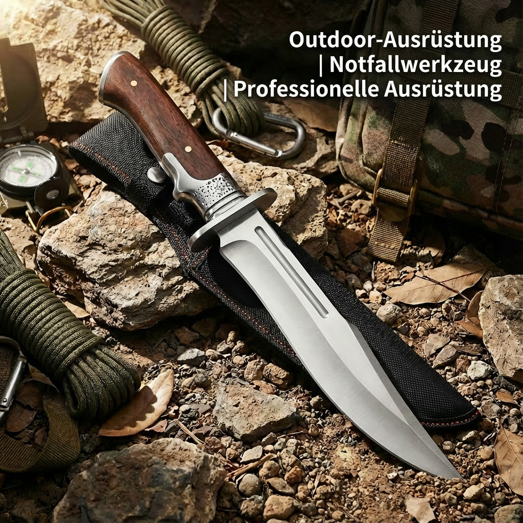 Outdoor Bowie Fixed Blade Knife with Wood Handle and Sheath