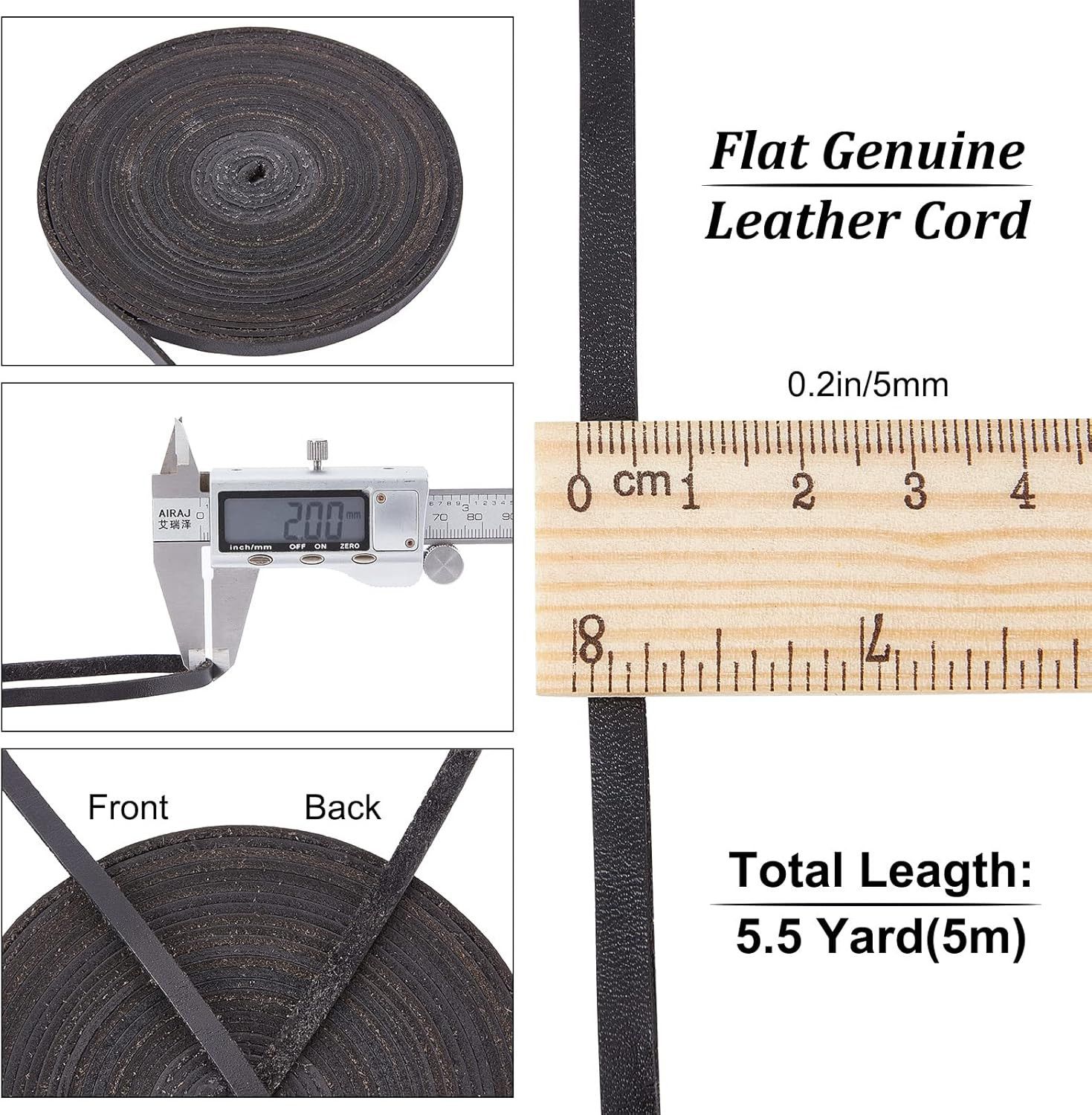 5.5Yds 5Mm Black Flat Genuine Leather Cord Natural Leather String Lace Strips Fu