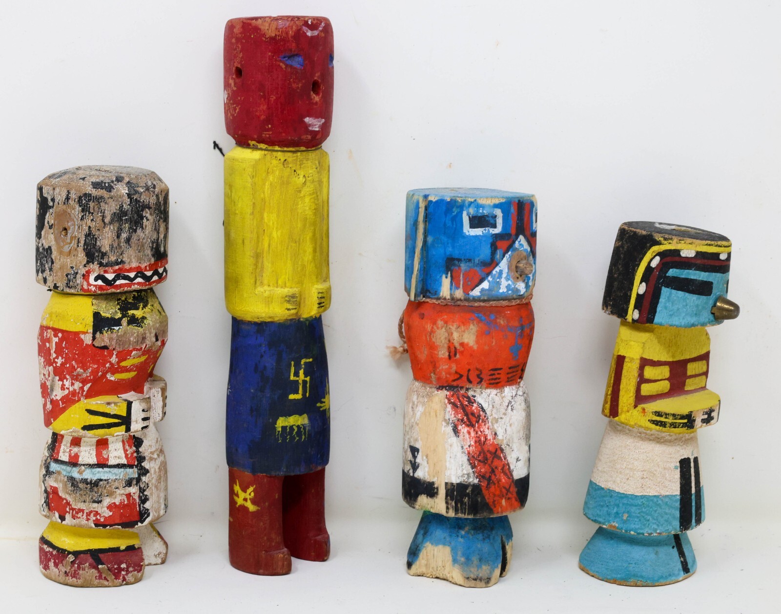 Four Antique Hopi Kachina Dolls Pueblo Indian Painted Wood Carved Sculptures VTG